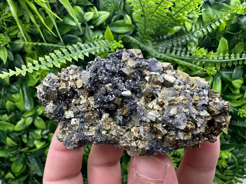 Rainbow Pyrite Cluster on Sphalerite, Quartz, Borieva Mine