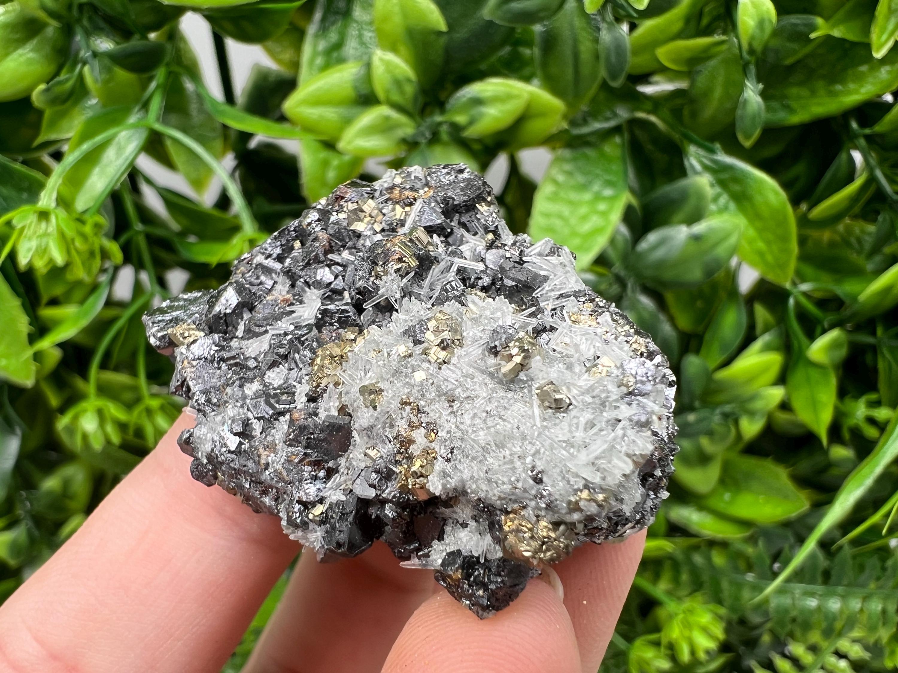 Stunning Chalcopyrite,Galena,Sphalerite,Calcite,on needle Quartz from Borieva mine,Madan,Bulgaria,natural,collectible mineral specimen,gift