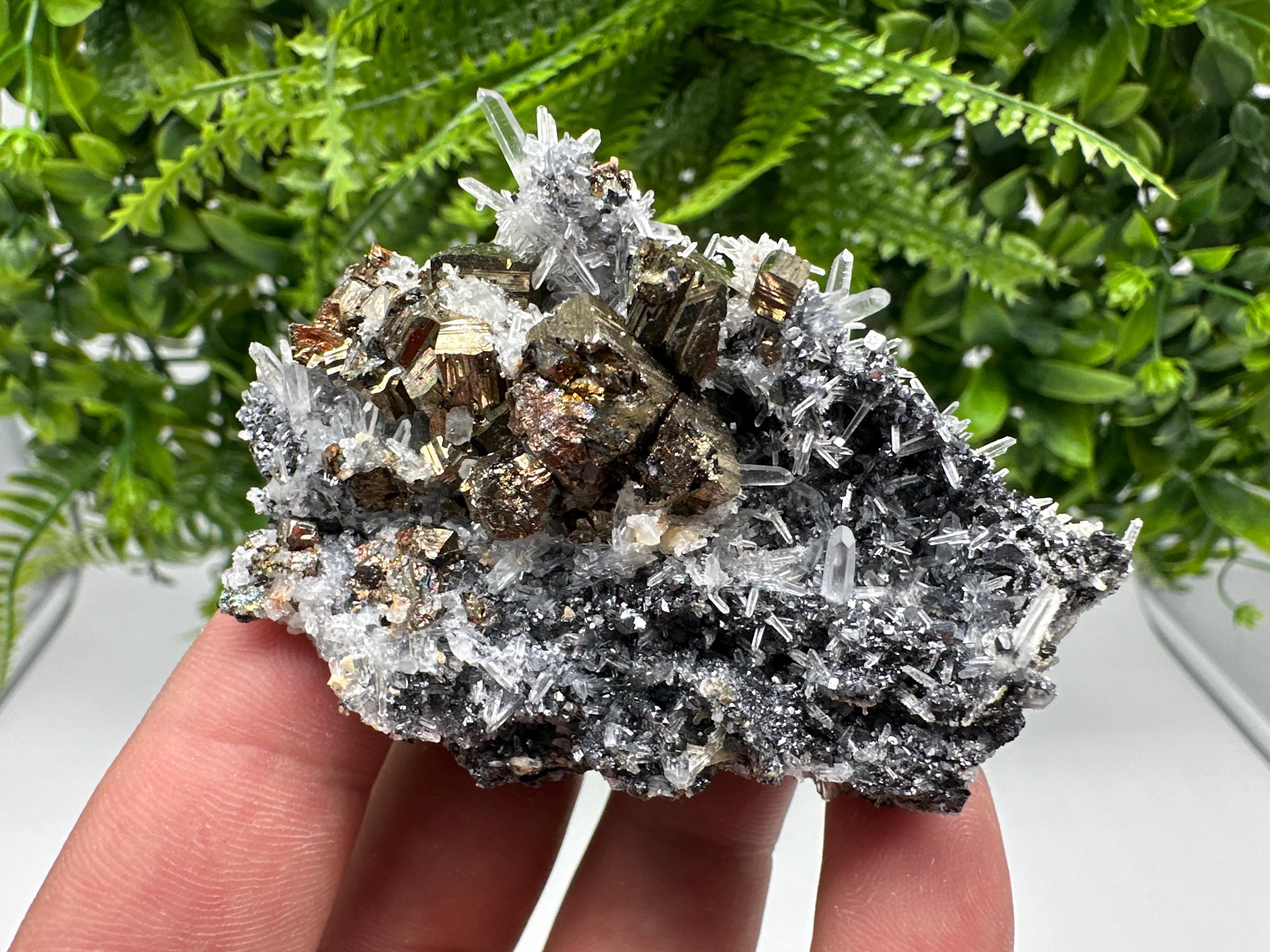 Rainbow Pyrite Sphalerite on Quartz: Natural Crystal Home Decor
