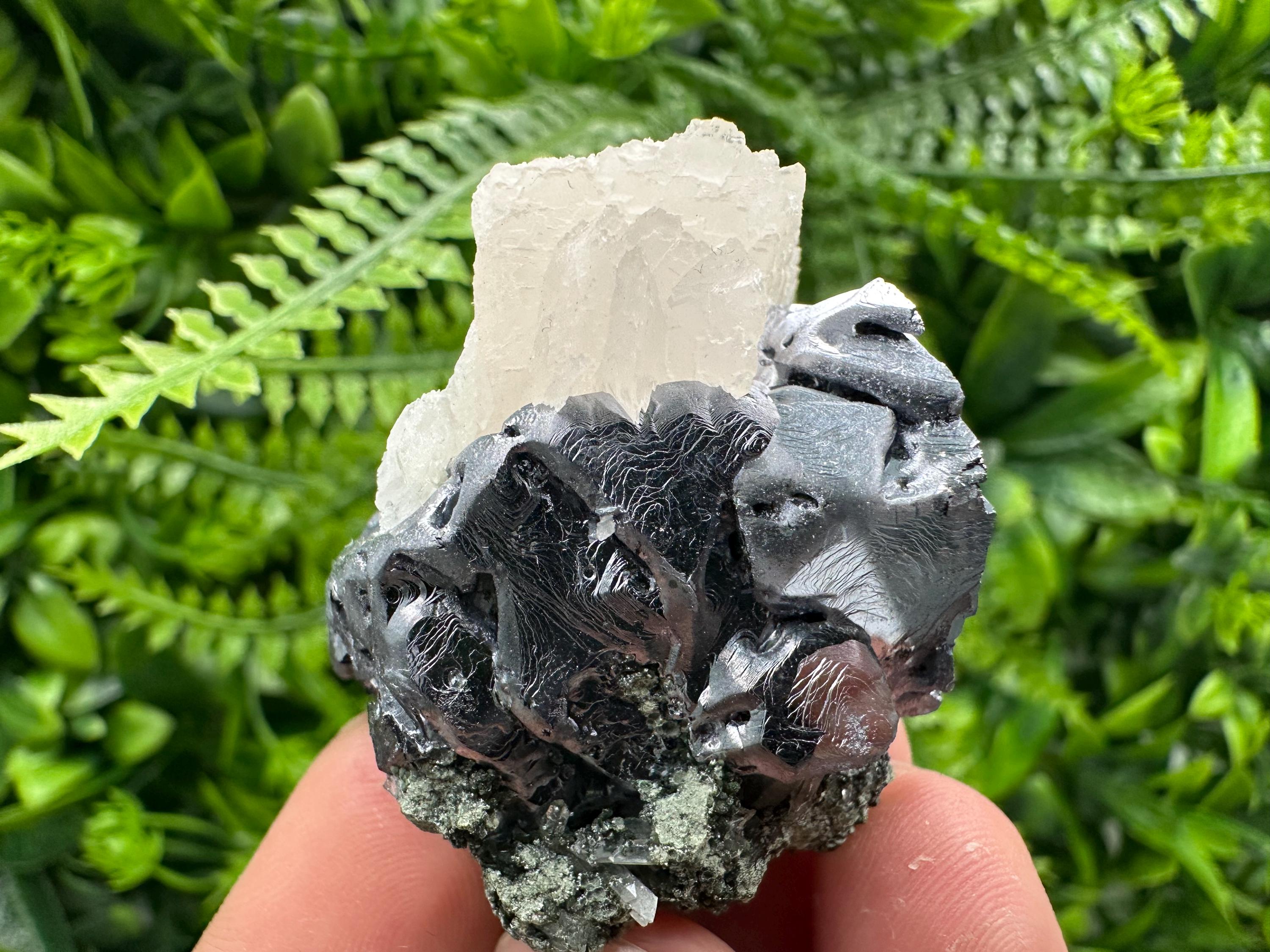 Shiny Galena with Calcite on Quartz, Chlorite Specimen