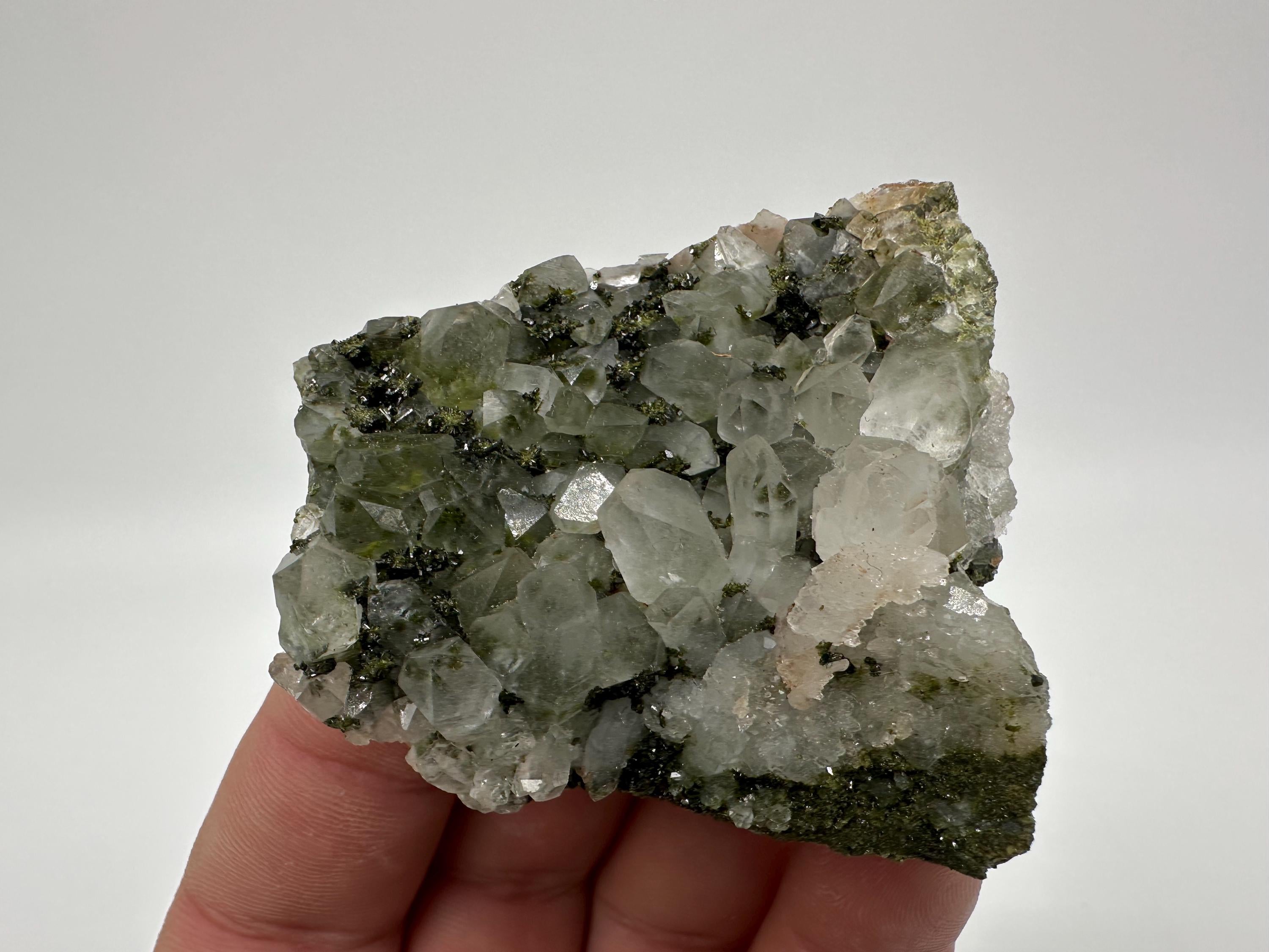 Rare Green Epidote with Quartz Crystals: Sparkly Rainbow Mineral Decor
