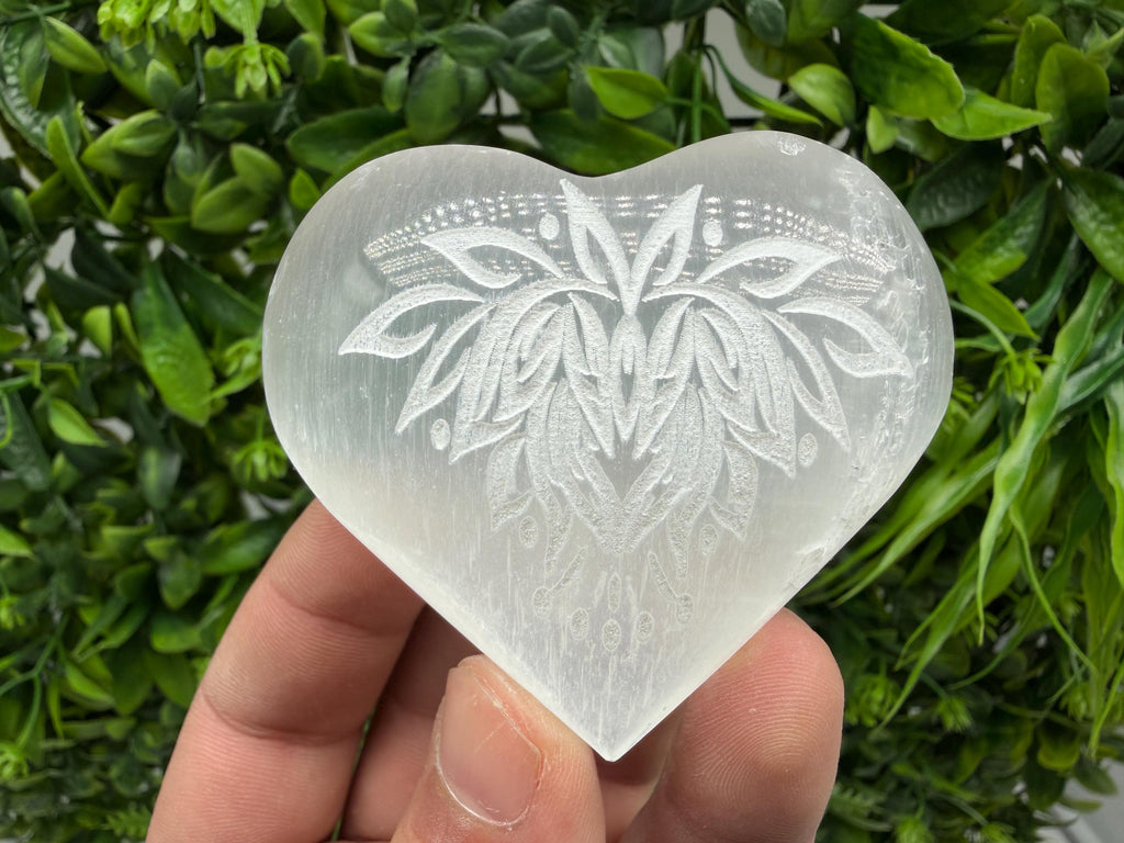 Selenite Heart Charging Plate with Lotus Flower Engraving – Crystal Altar Decor