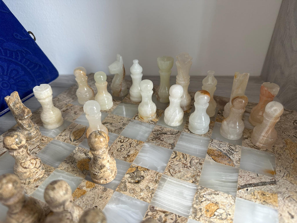 Handmade Onyx & Fossil Chess Set with Chessboard