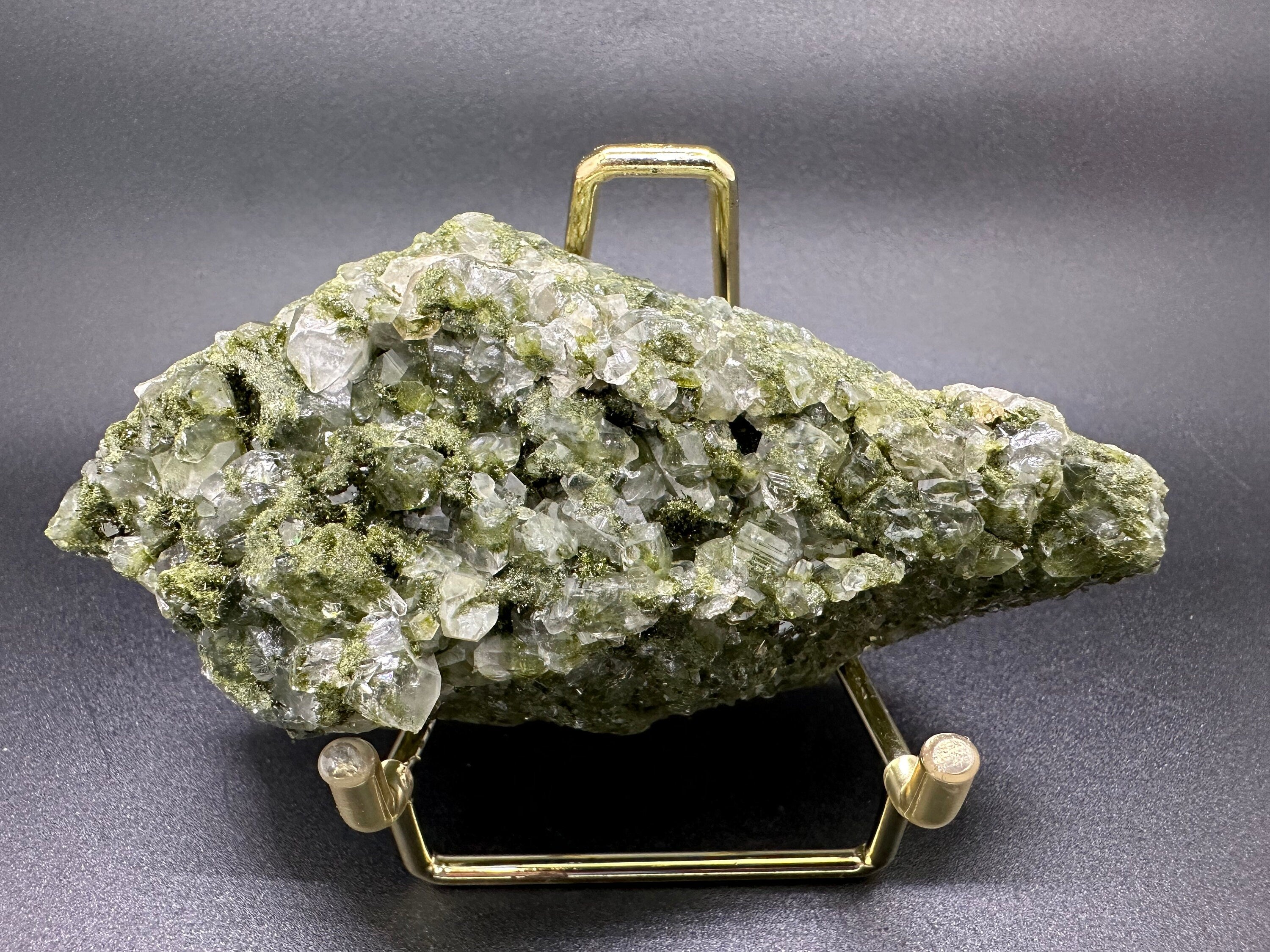Rare Green Epidote with Quartz Crystals: Sparkly Rainbow Mineral Decor