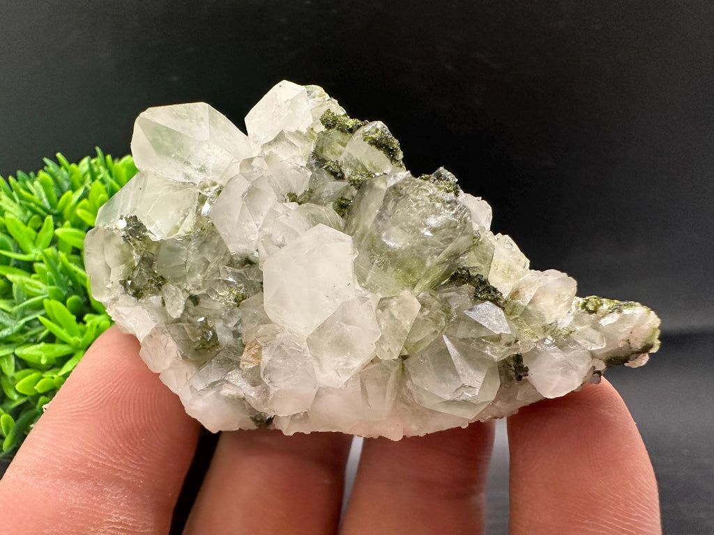 Rare Green Epidote with Quartz Crystals: Sparkly Rainbow Stone Decor