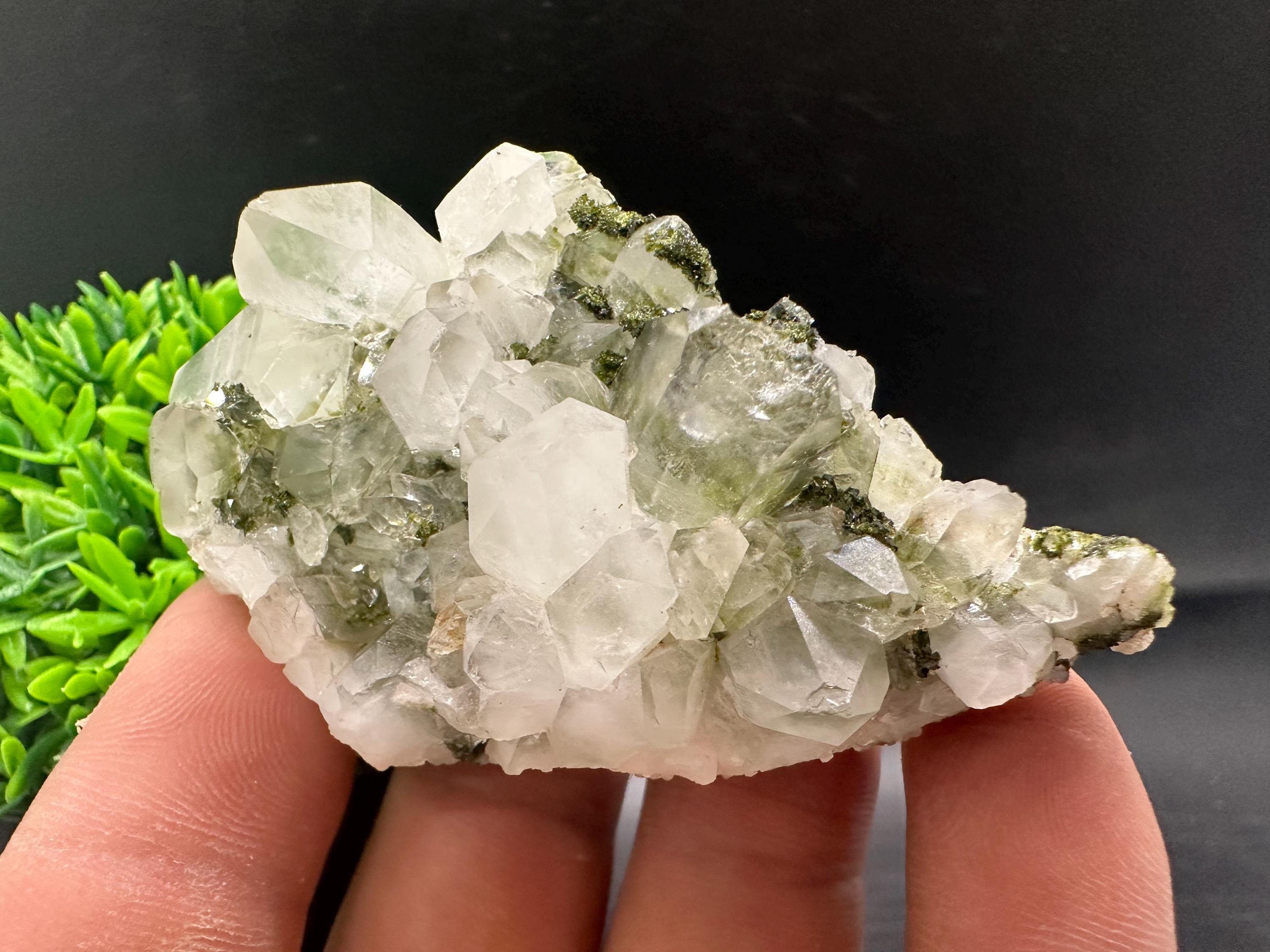 Rare Green Epidote with Quartz Crystals: Sparkly Rainbow Stone Decor
