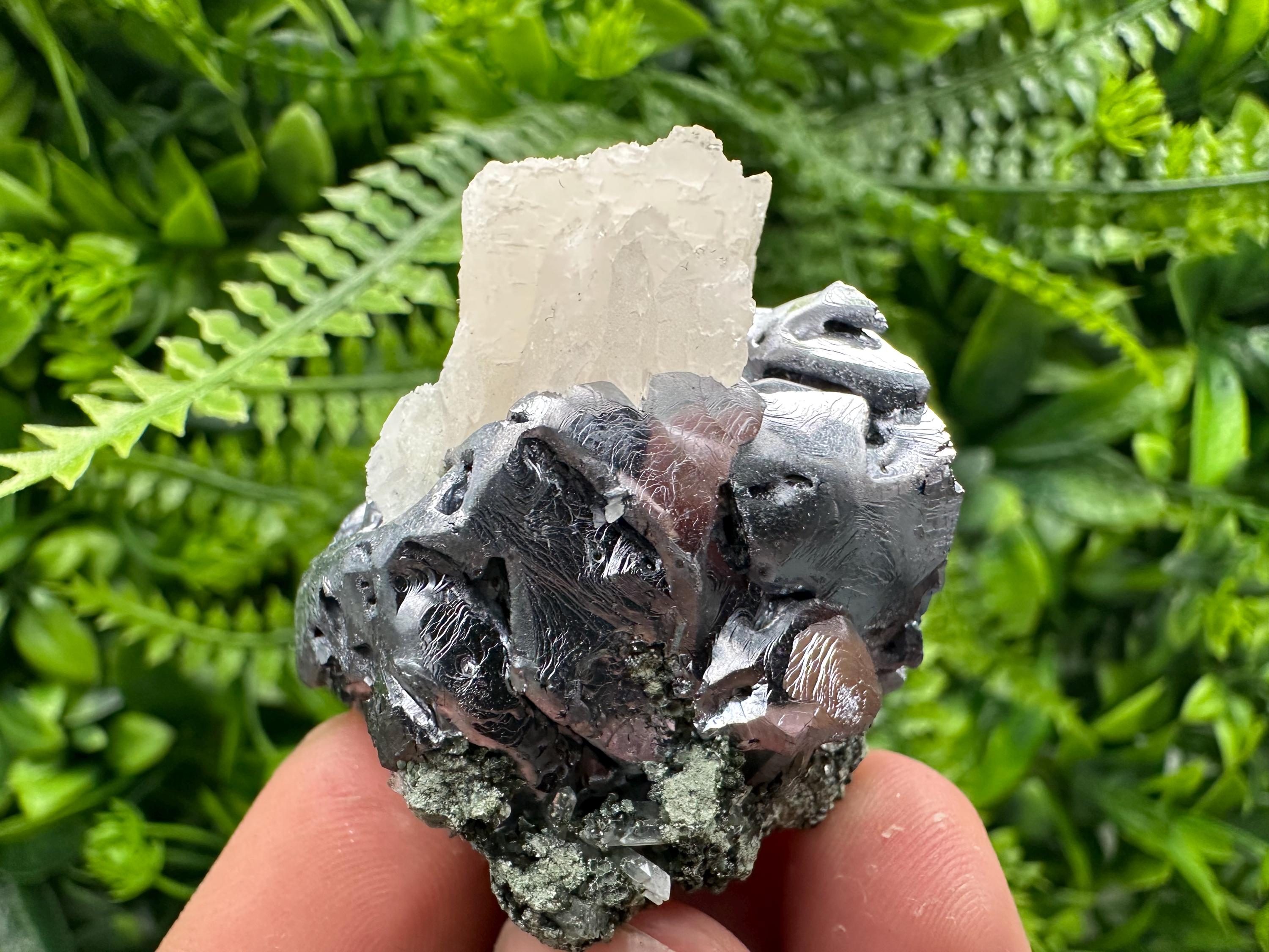 Shiny Galena with Calcite on Quartz, Chlorite Specimen