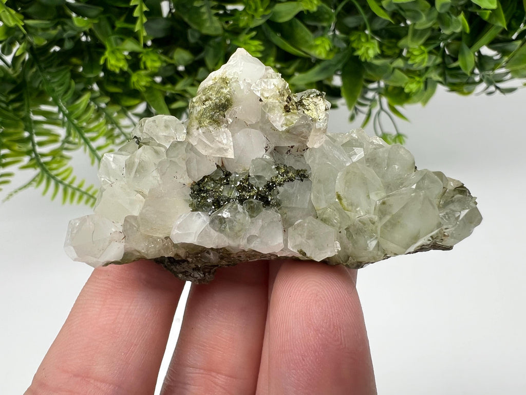 Rare Green Epidote with Quartz Crystals - Sparkly Rainbow Mineral Decor