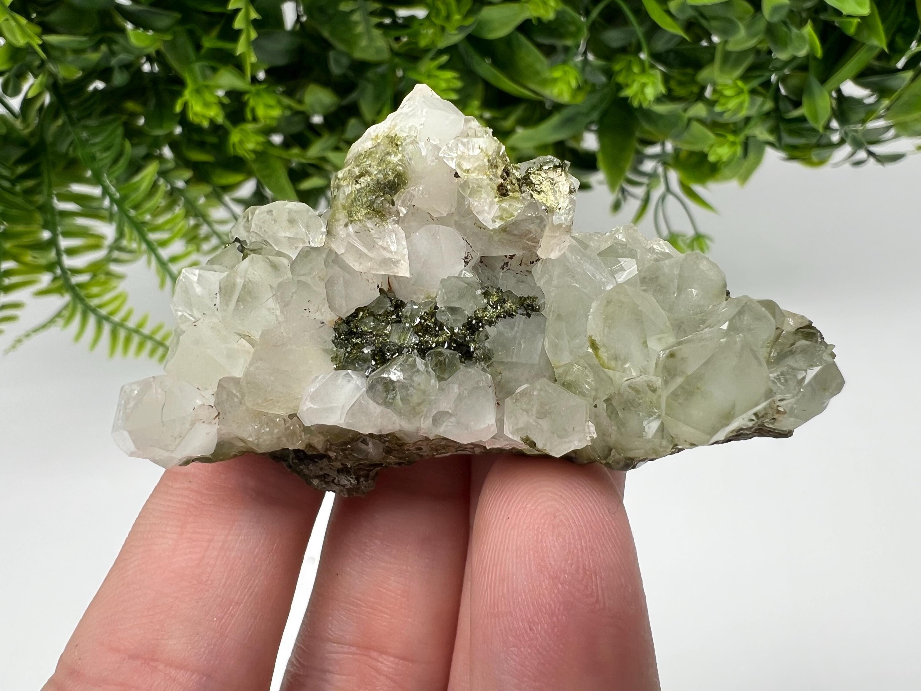 Rare Green Epidote with Quartz Crystals - Sparkly Rainbow Mineral Decor