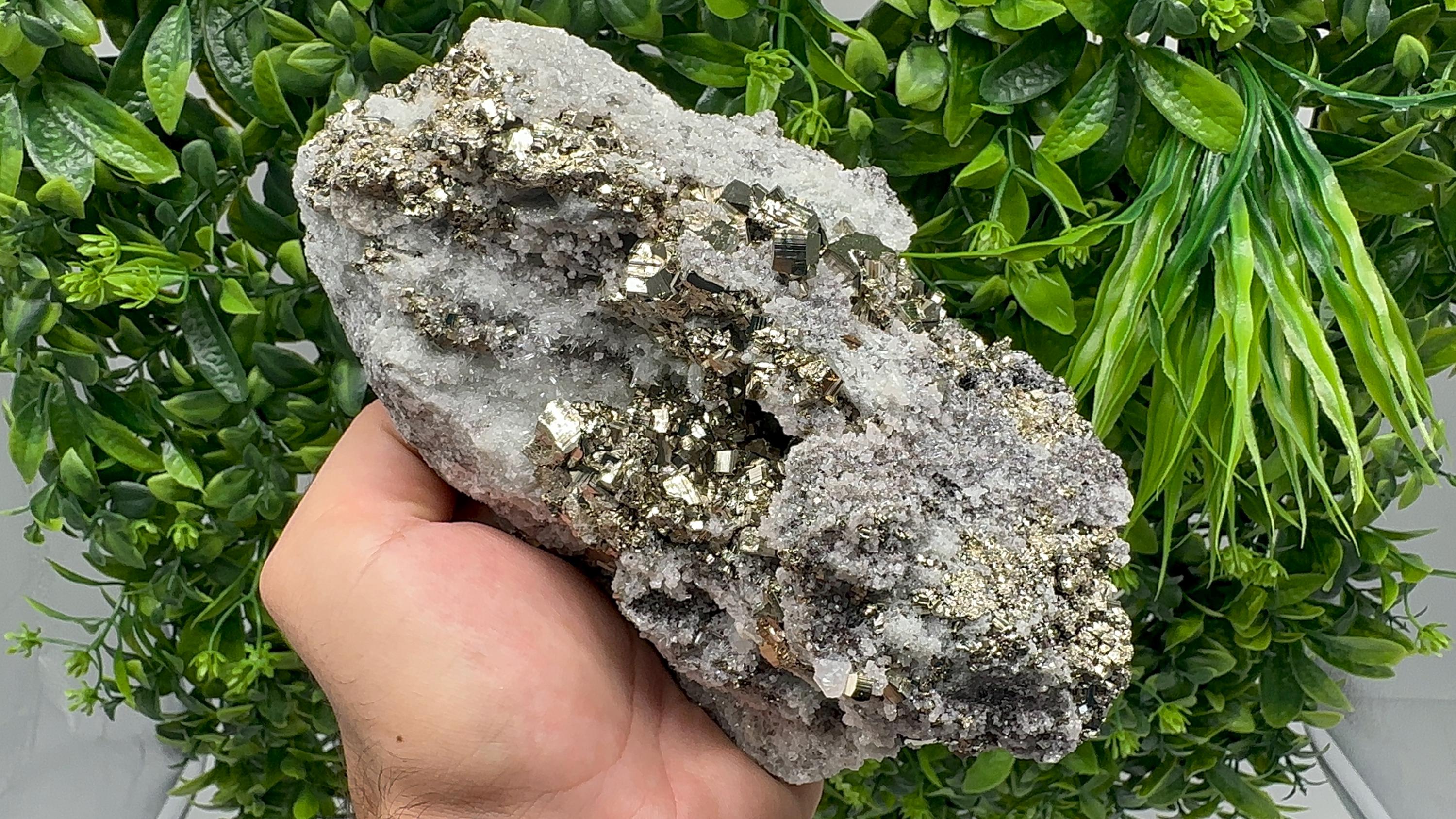 Pyrite on Quartz, Calcite Mineral Specimen, Home Decor Stone