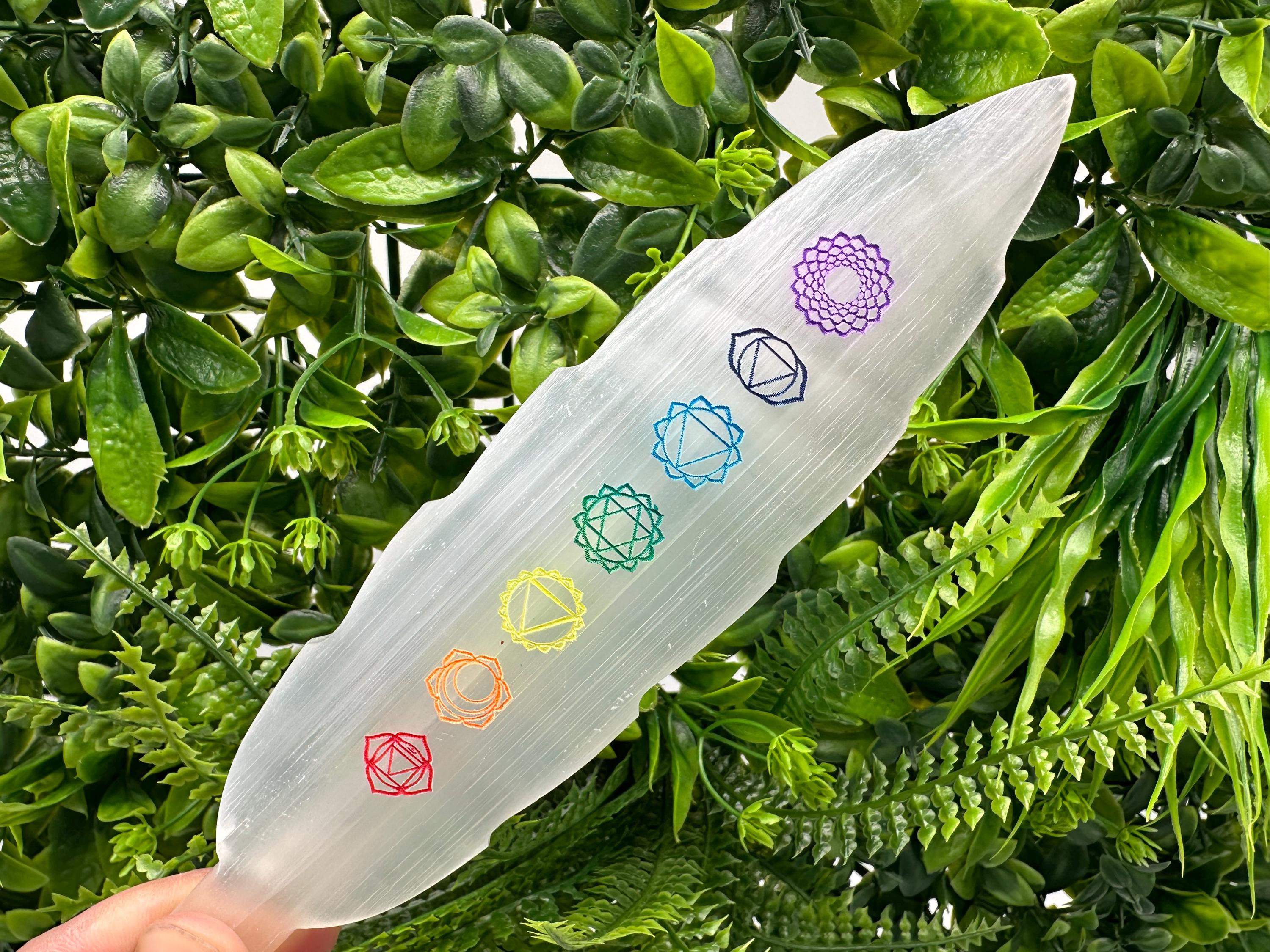 Selenite Chakra Charging Plate: Cleansing Wand Bar, 7 Chakra Ruler