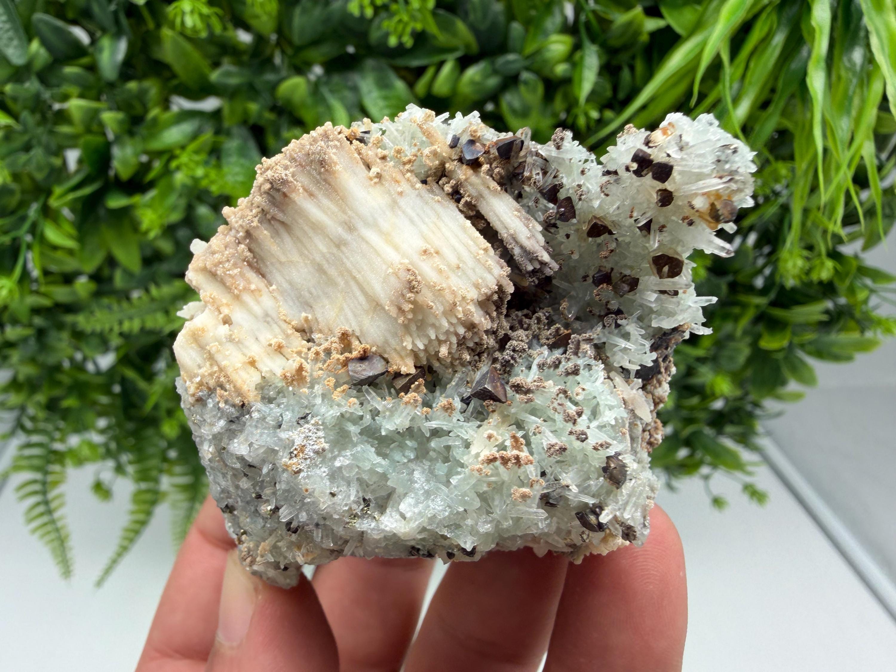 Calcite Chalcopyrite on Green Quartz Mineral Specimen, Bulgaria Collection, Natural Display