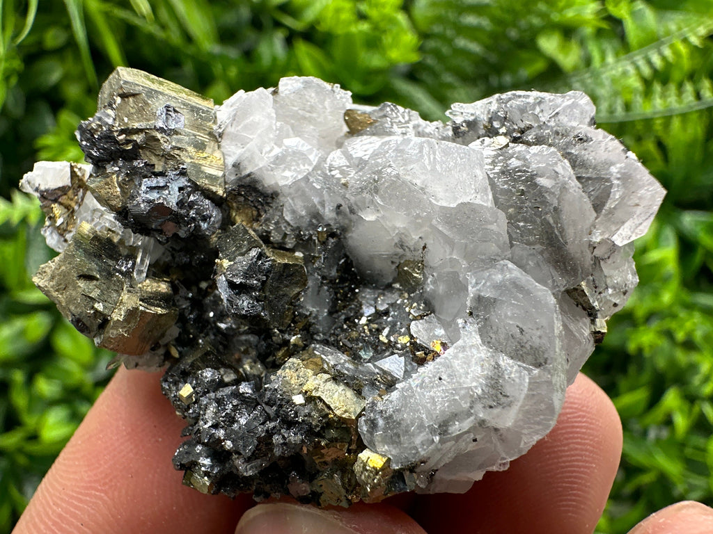 Rainbow Pyrite on Calcite Cluster - Borieva Mine, Bulgaria
