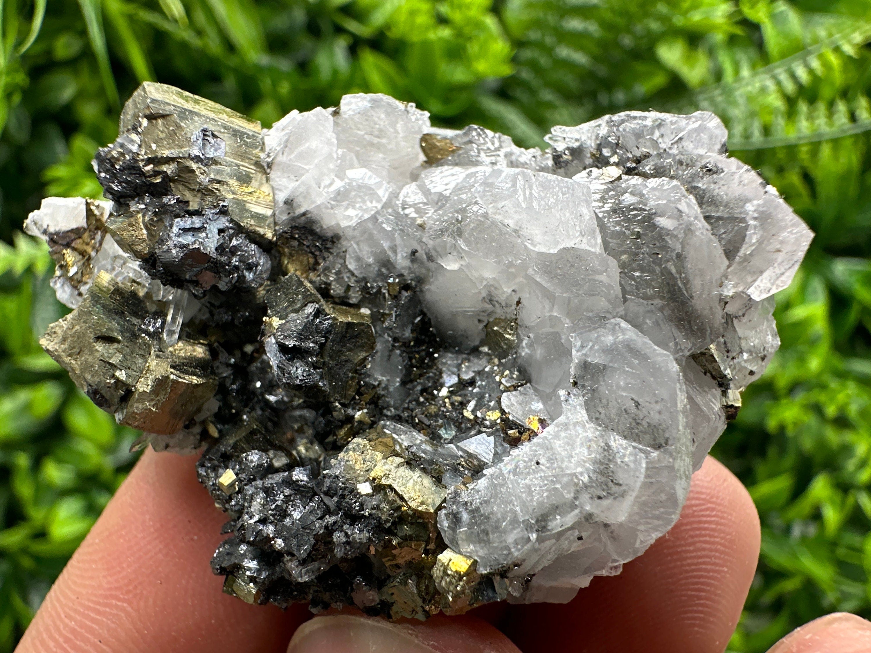Rainbow Pyrite on Calcite Cluster - Borieva Mine, Bulgaria