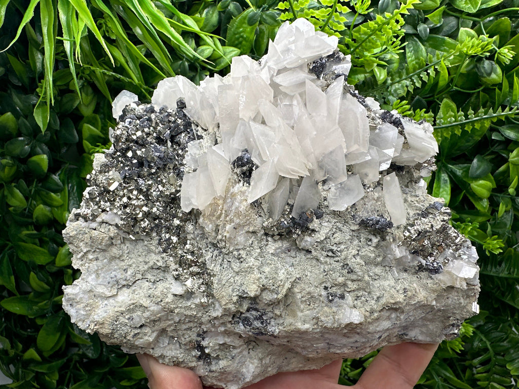 Golden Pyrite with Calcite on Matrix, Borieva Mine Mineral Specimen
