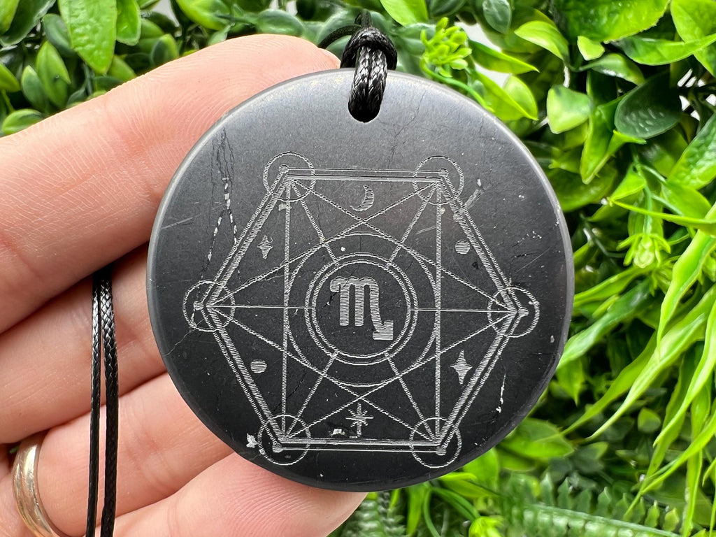 Shungite Scorpio Zodiac Pendant Necklace: EMF Protection Healing Stone