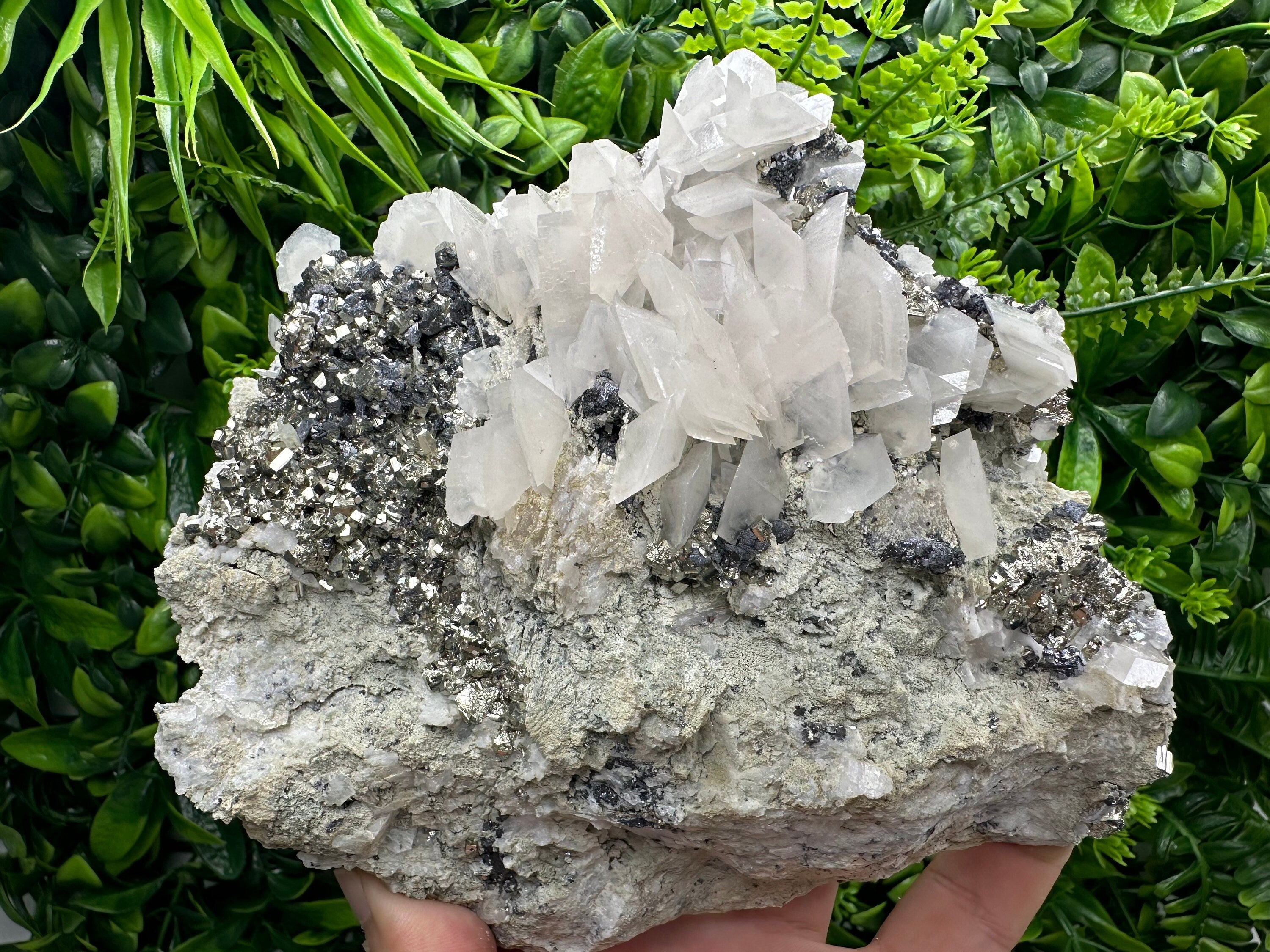 Golden Pyrite with Calcite on Matrix, Borieva Mine Mineral Specimen