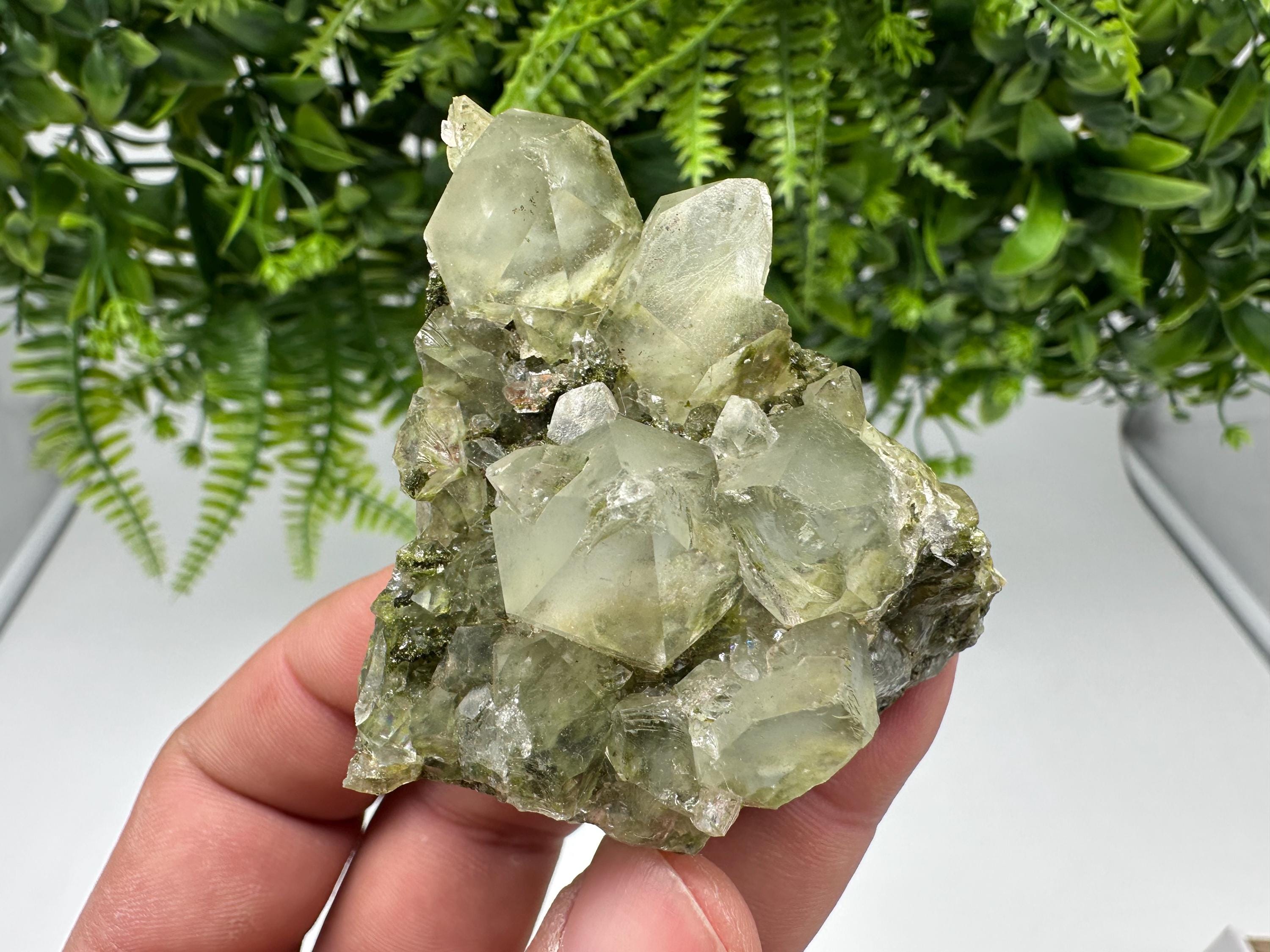 Rare Green Epidote with Quartz Crystals: Sparkly Rainbow Stone Decor