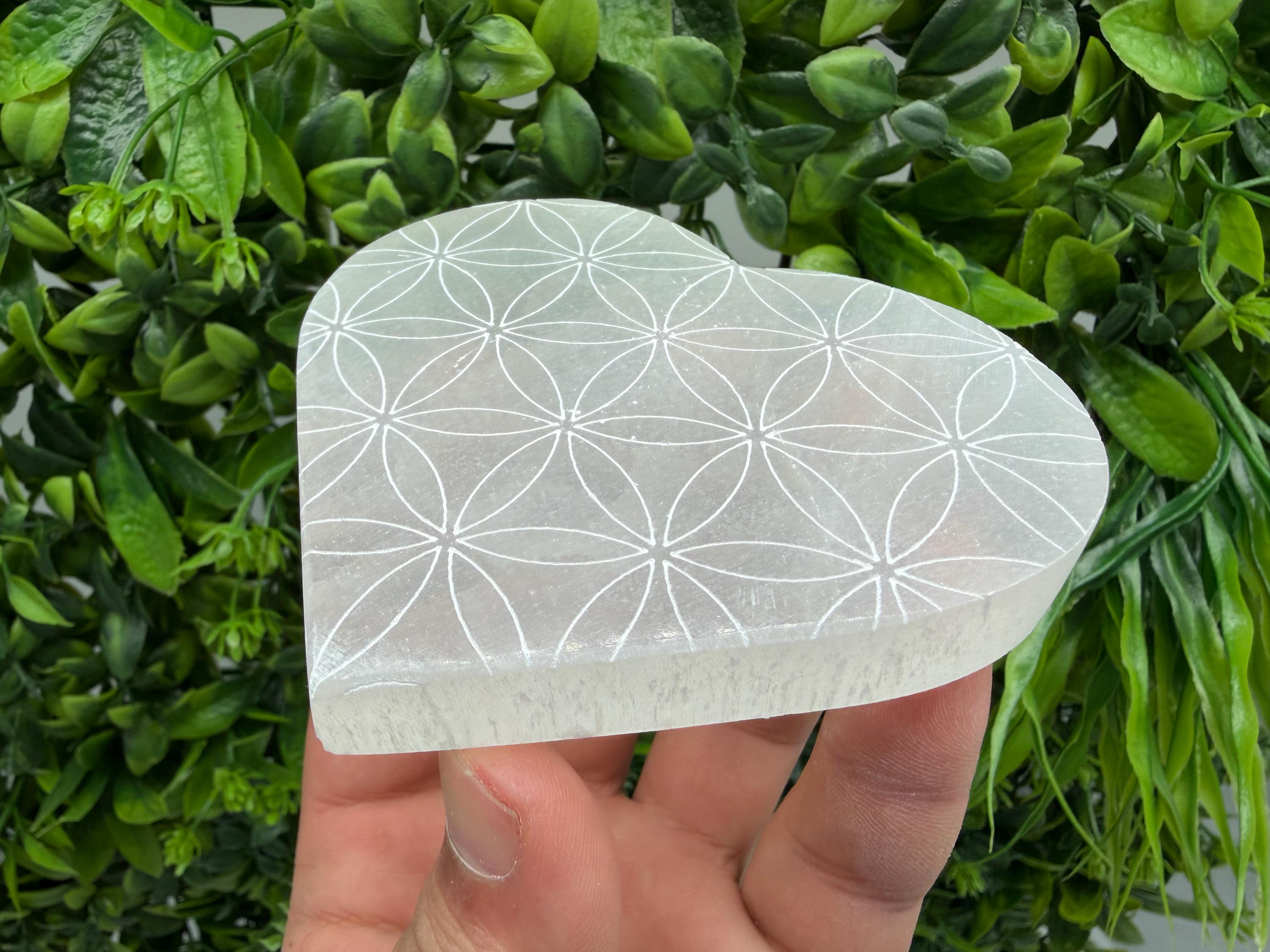 Selenite Heart with Flower of Life Selenite Charging Plate Crystal Charging Dish Sacred Geometry Crystal Reiki Healing Spiritual Altar Decor