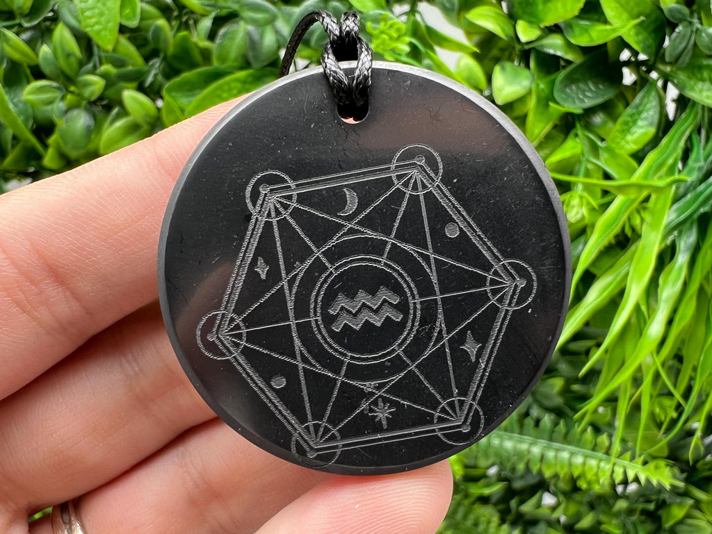 Shungite Aquarius Zodiac Pendant Necklace: EMF Protection Healing Stone