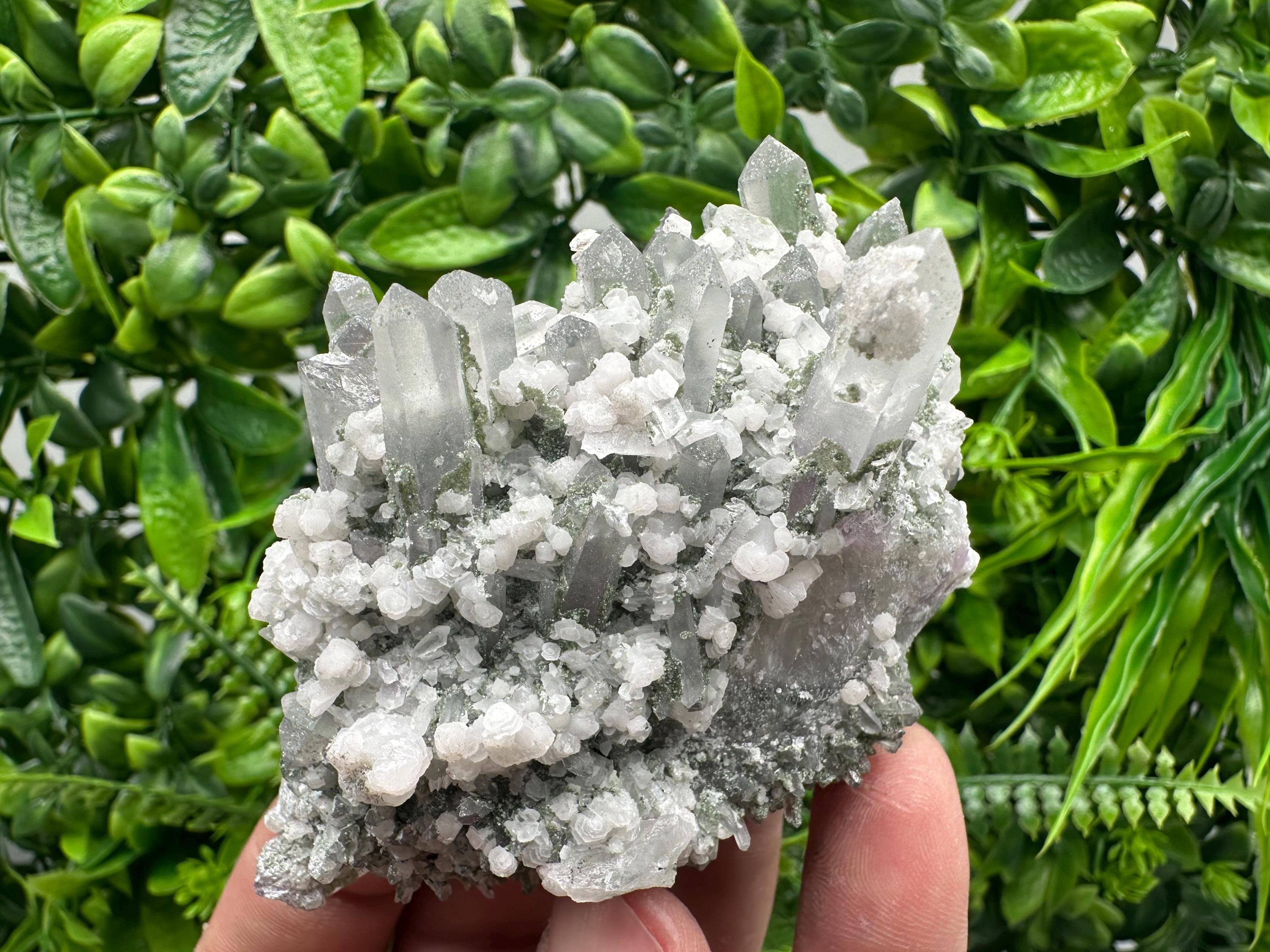 Calcite on Quartz with Amethyst and Chlorite, Bulgaria Mineral Specimen