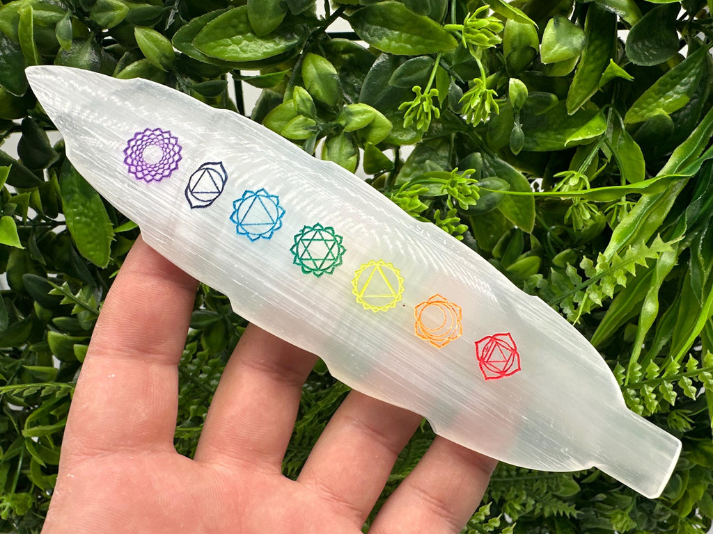 Selenite Chakra Charging Plate: Cleansing Wand Bar, 7 Chakra Ruler