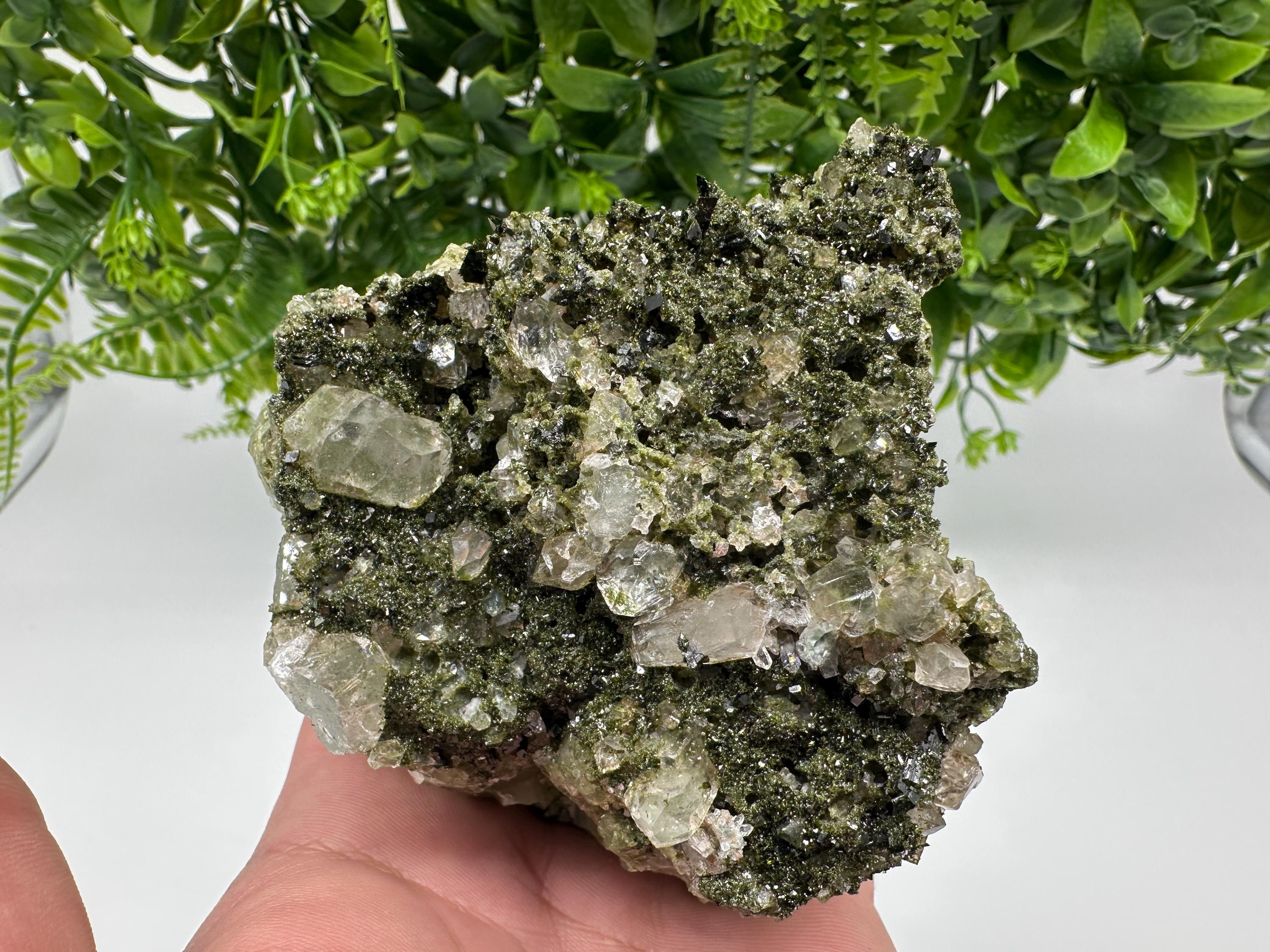 Green Epidote with Quartz Crystals: Sparkly Rainbow Mineral Decor