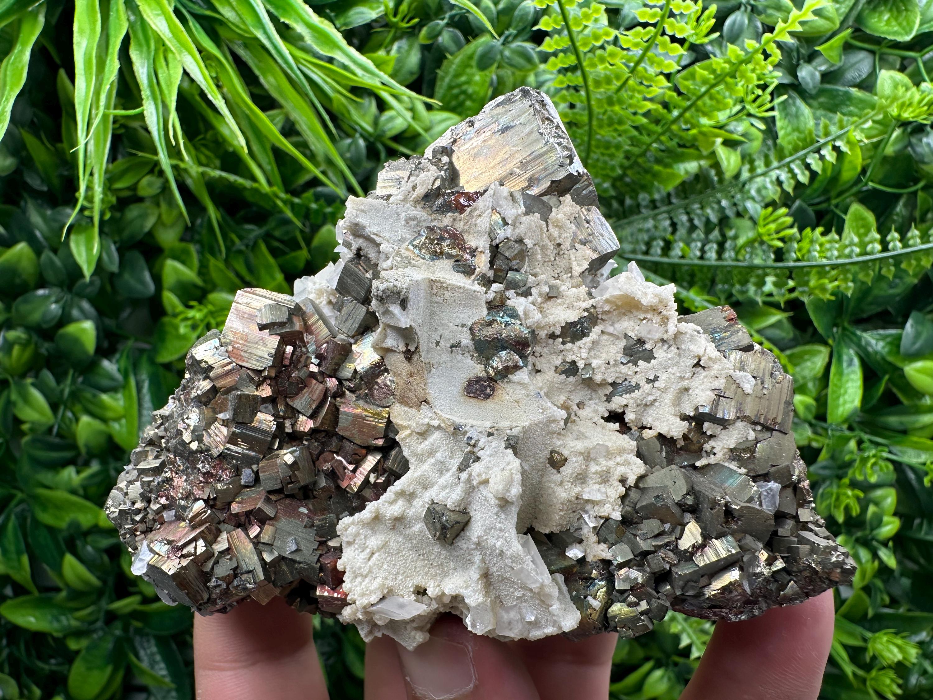 Rainbow Pyrite Cluster with Calcite - Borieva Mine, Bulgaria