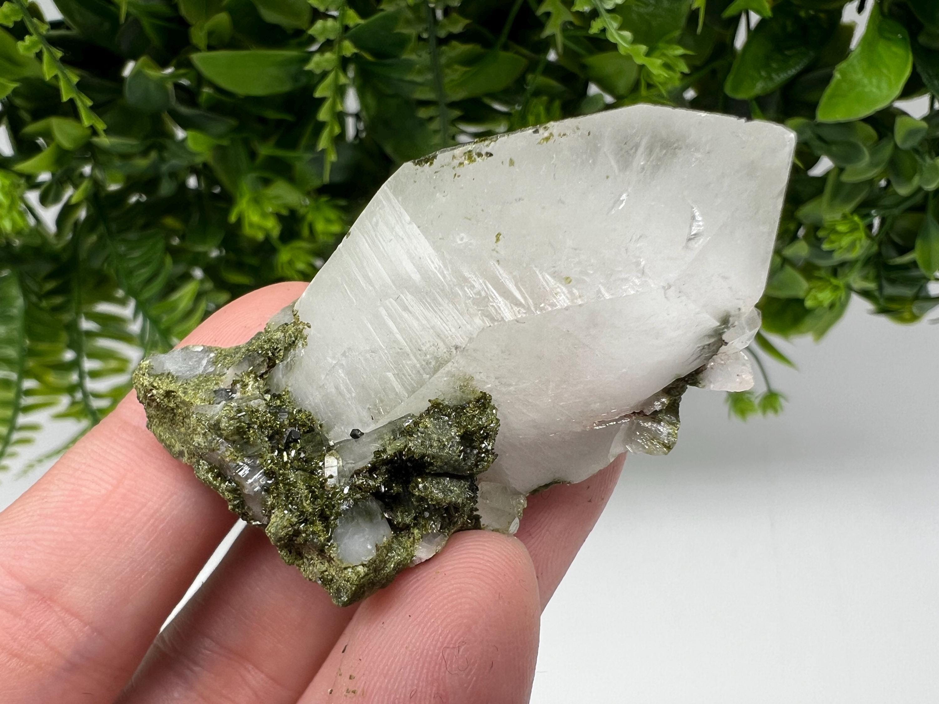 Rare Green Epidote with Quartz Crystals, Sparkly Rainbow Stone, Turkey