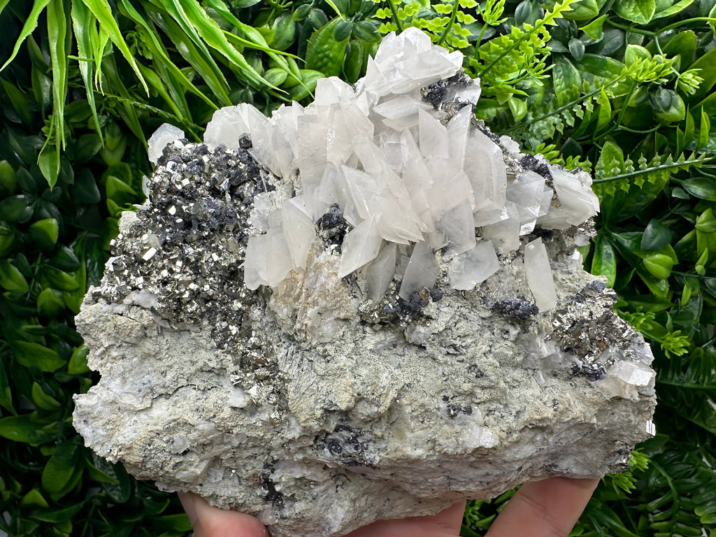 Golden Pyrite with Calcite on Matrix, Borieva Mine Mineral Specimen