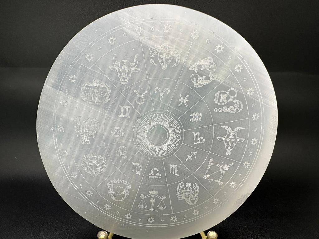 Natural Selenite Zodiac Disc: Engraved Crystal Healing Decor (10/10cm)