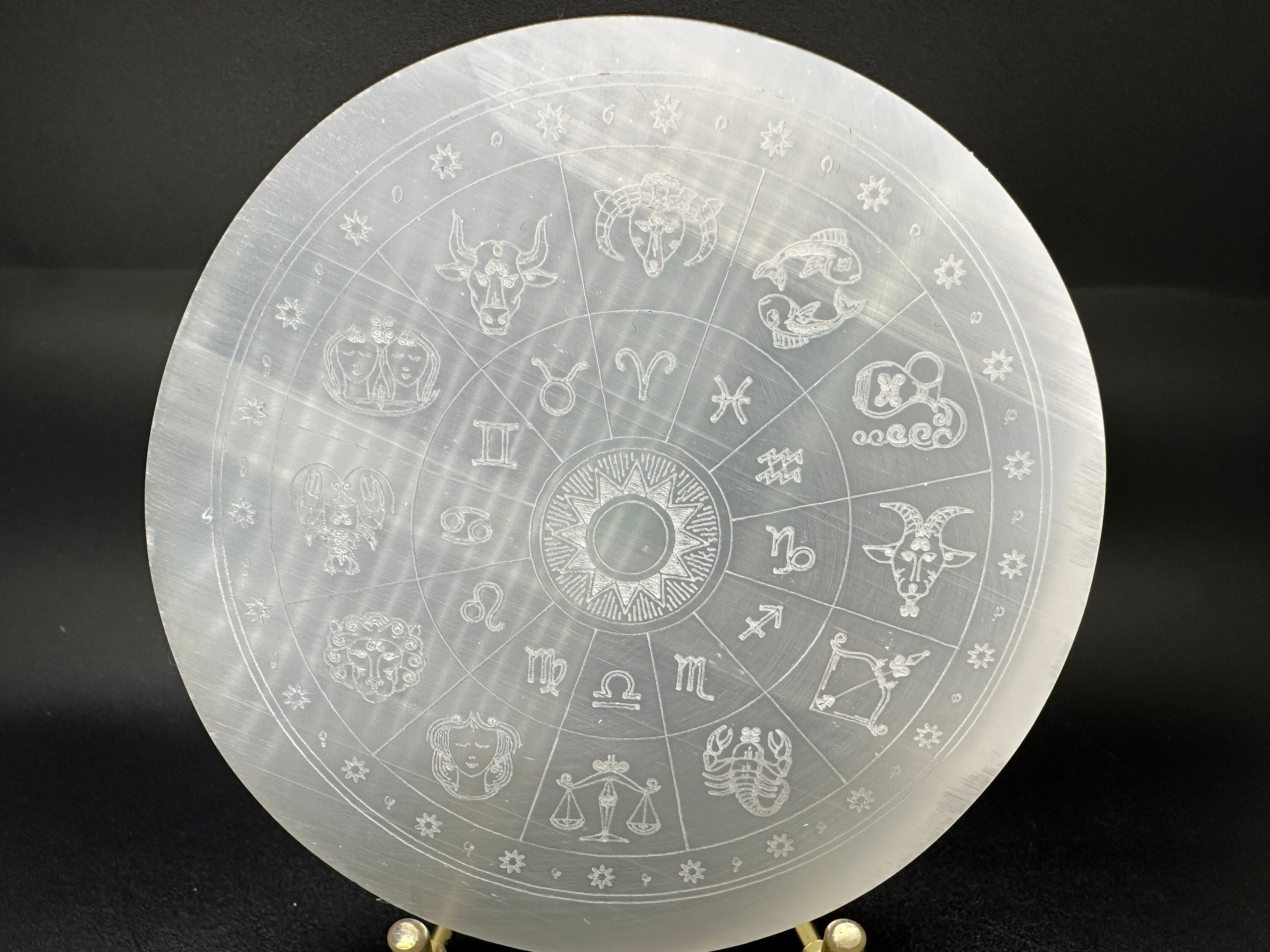 Natural Selenite Zodiac Disc: Engraved Crystal Healing Decor (10/10cm)
