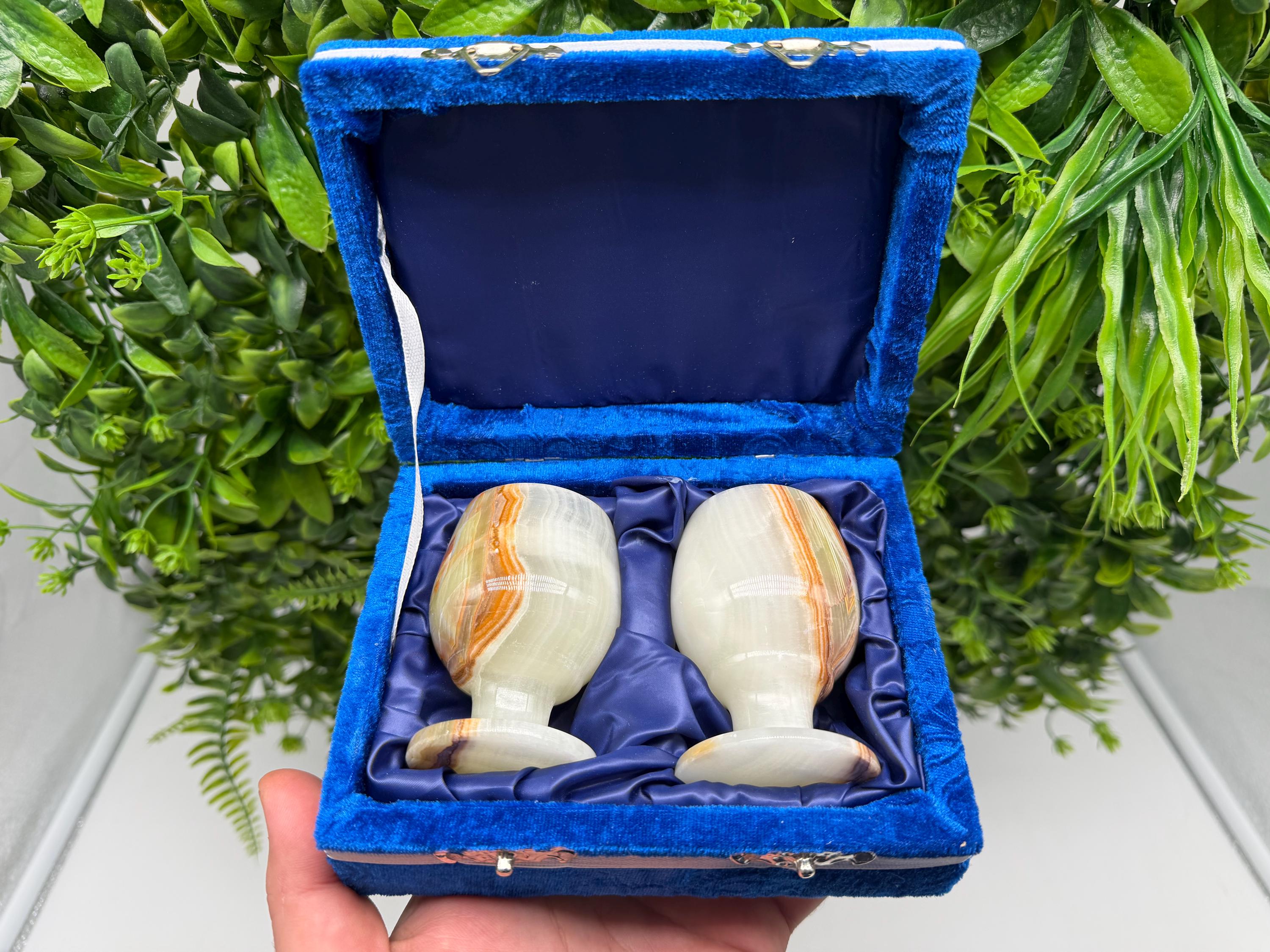 Vintage Natural Onyx Goblet Set: Stone Barware, 8cm WHIT BOX