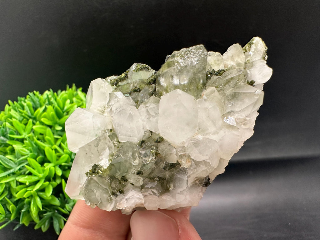 Rare Green Epidote with Quartz Crystals: Sparkly Rainbow Stone Decor