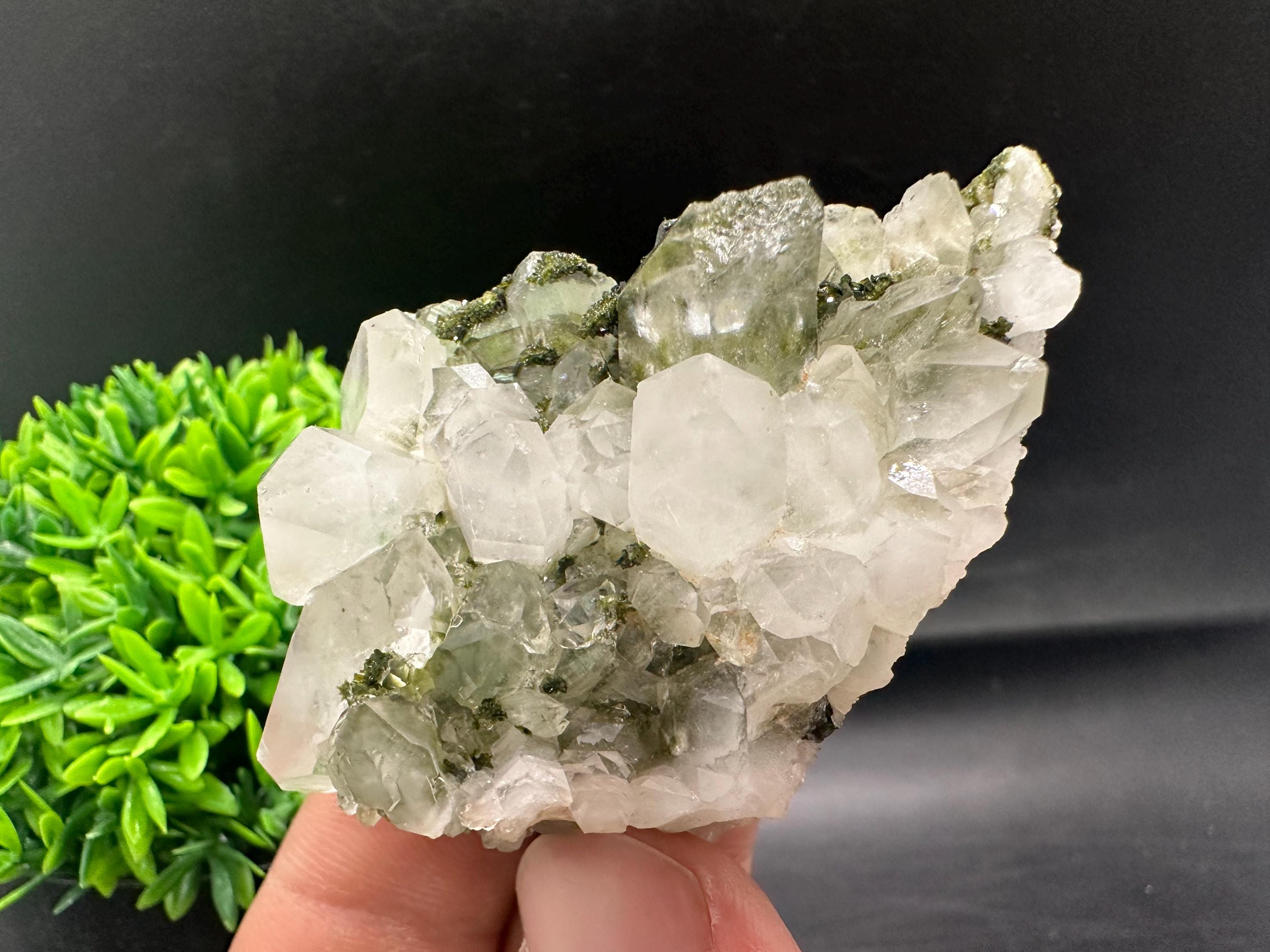 Rare Green Epidote with Quartz Crystals: Sparkly Rainbow Stone Decor