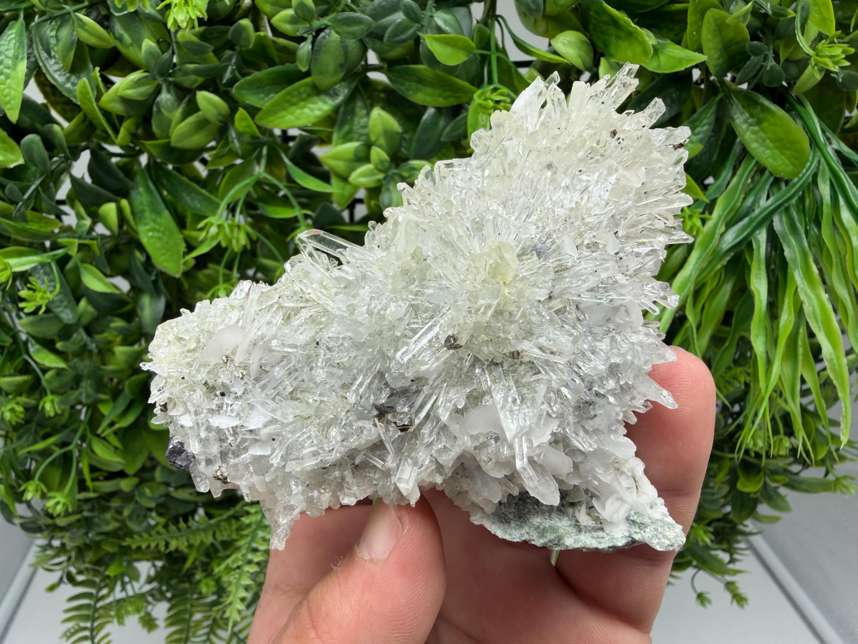 Pyrite on Quartz with Calcite, Borieva Mine Crystal Specimen