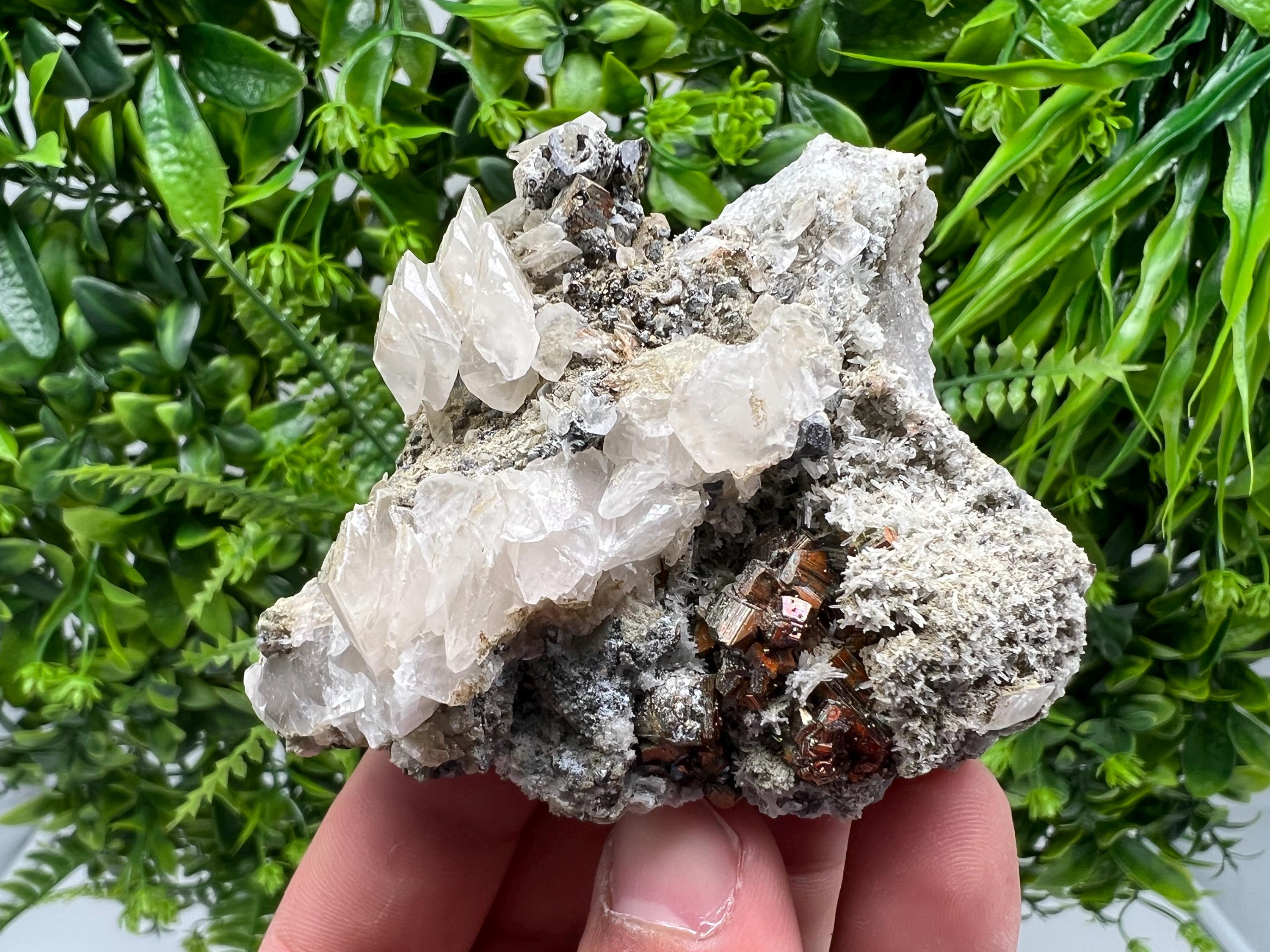 Wonderful Red Pyrite,Calcite on Quartz from Borieva mine,Madan,Bulgaria,natural,collectible mineral specimen,home decor stone,gift minerals