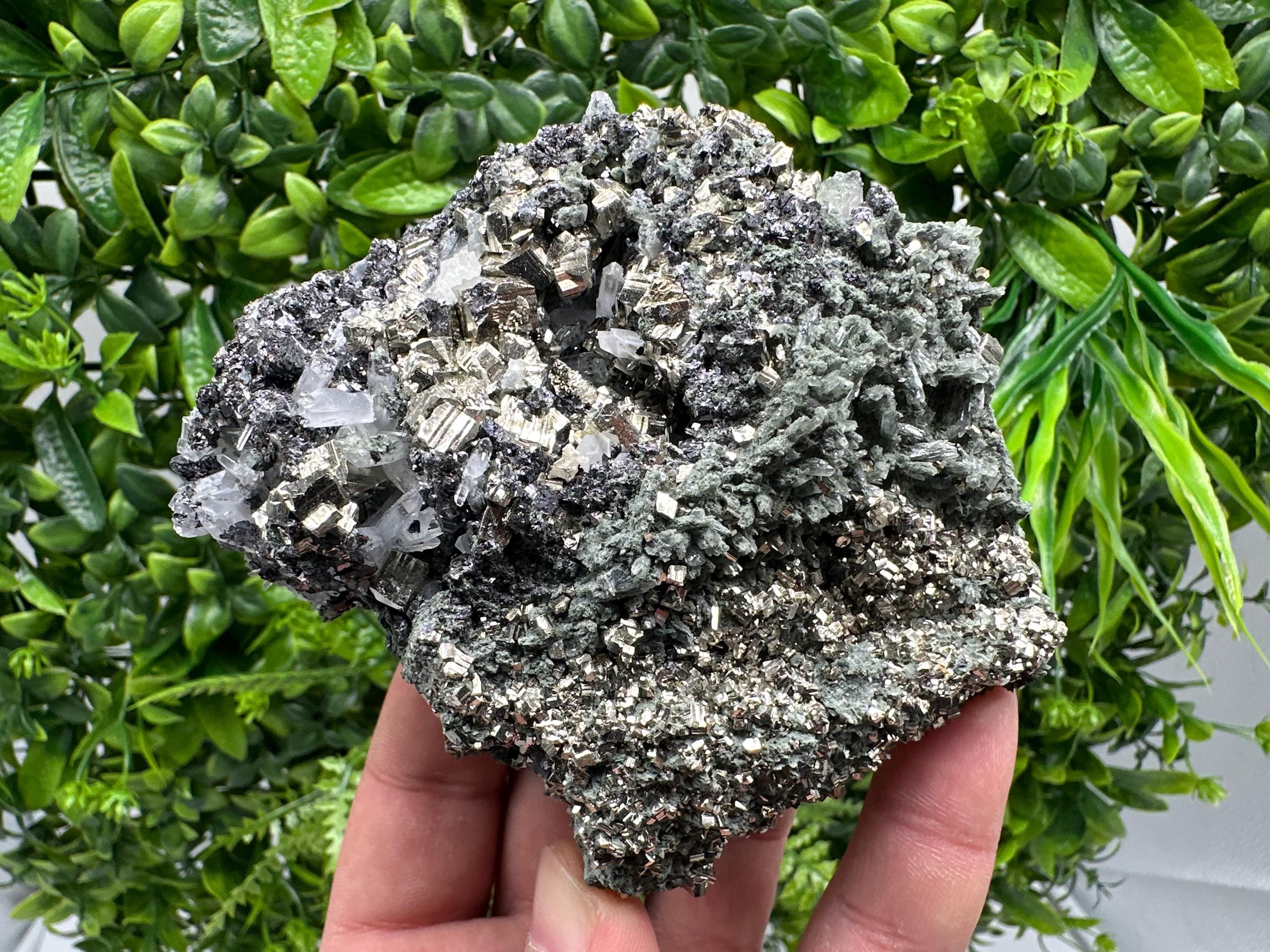 Pyrite Sphalerite on Green Quartz, Bulgaria Mineral Specimen