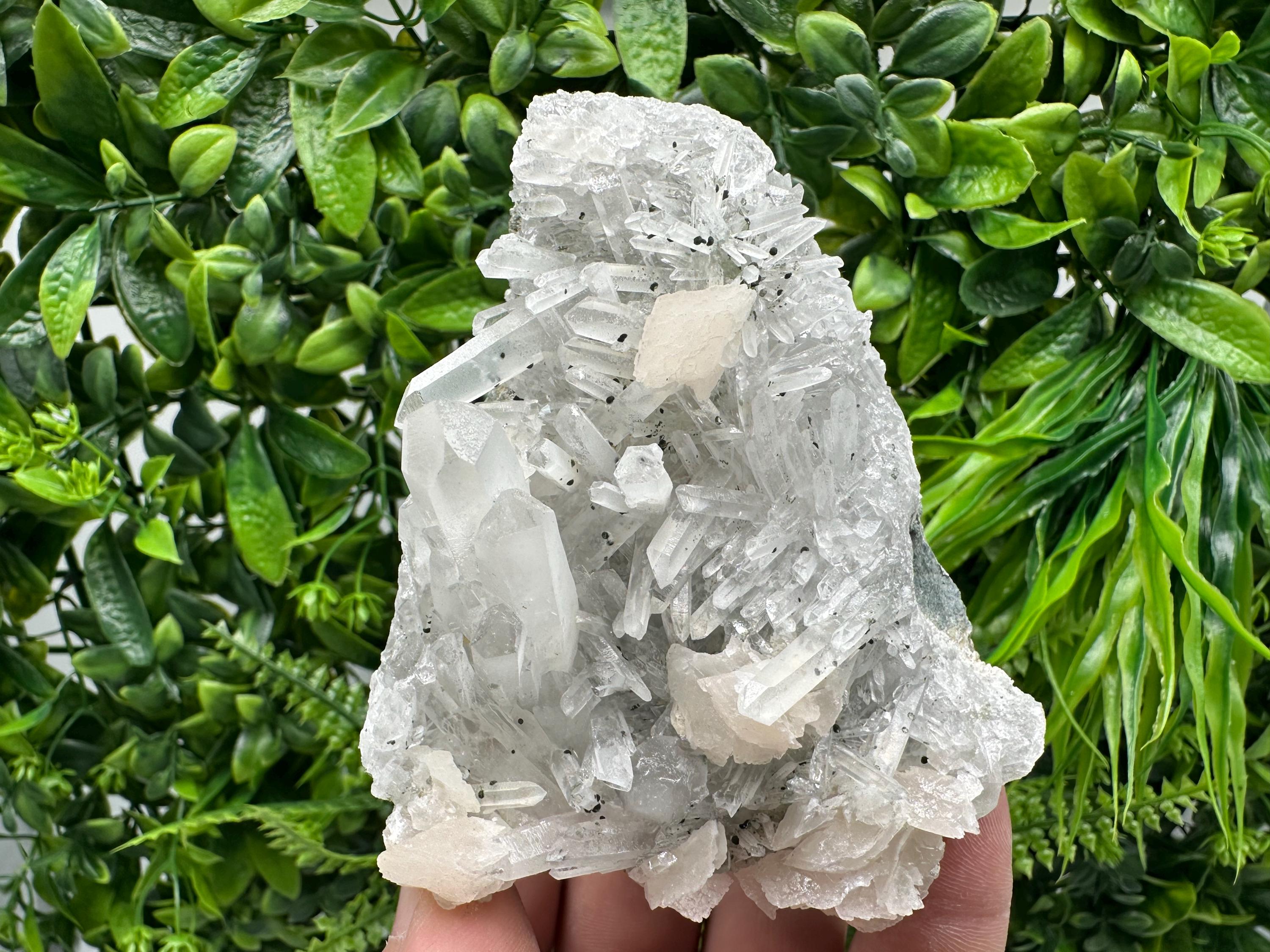 Calcite on Quartz Cluster, Borieva Mine Mineral Specimen
