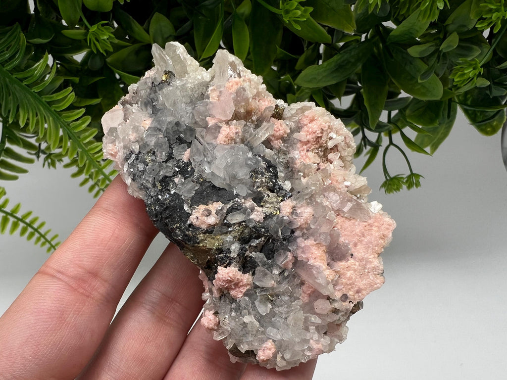 Rhodochrosite on Quartz: Pink Mineral Specimen, Starnica Mine, Bulgaria