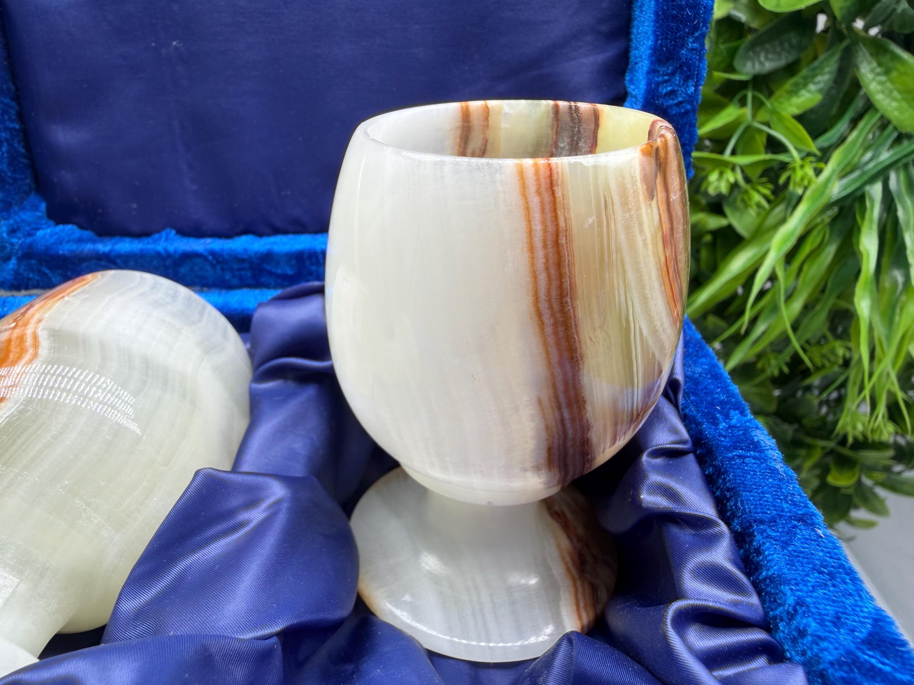 Vintage Natural Onyx Goblet Set: Stone Barware, 8cm WHIT BOX