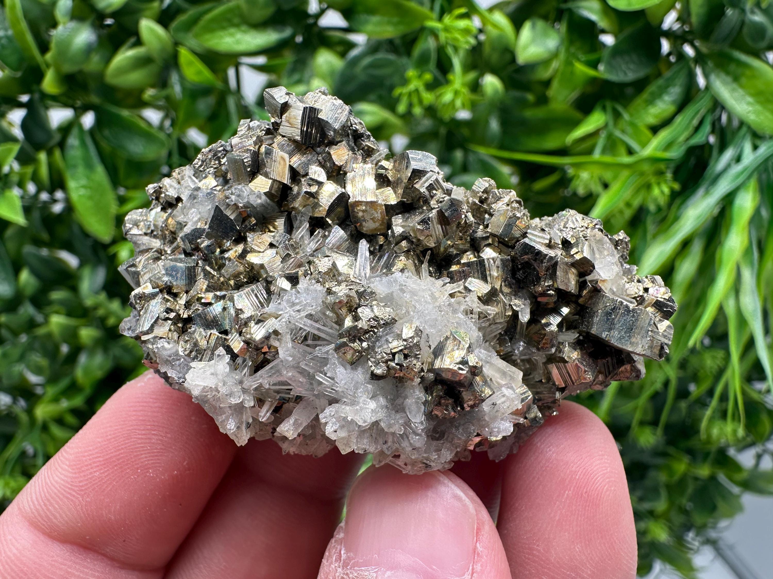 Rainbow Pyrite with Sphalerite on Quartz: Natural Crystal Home Decor