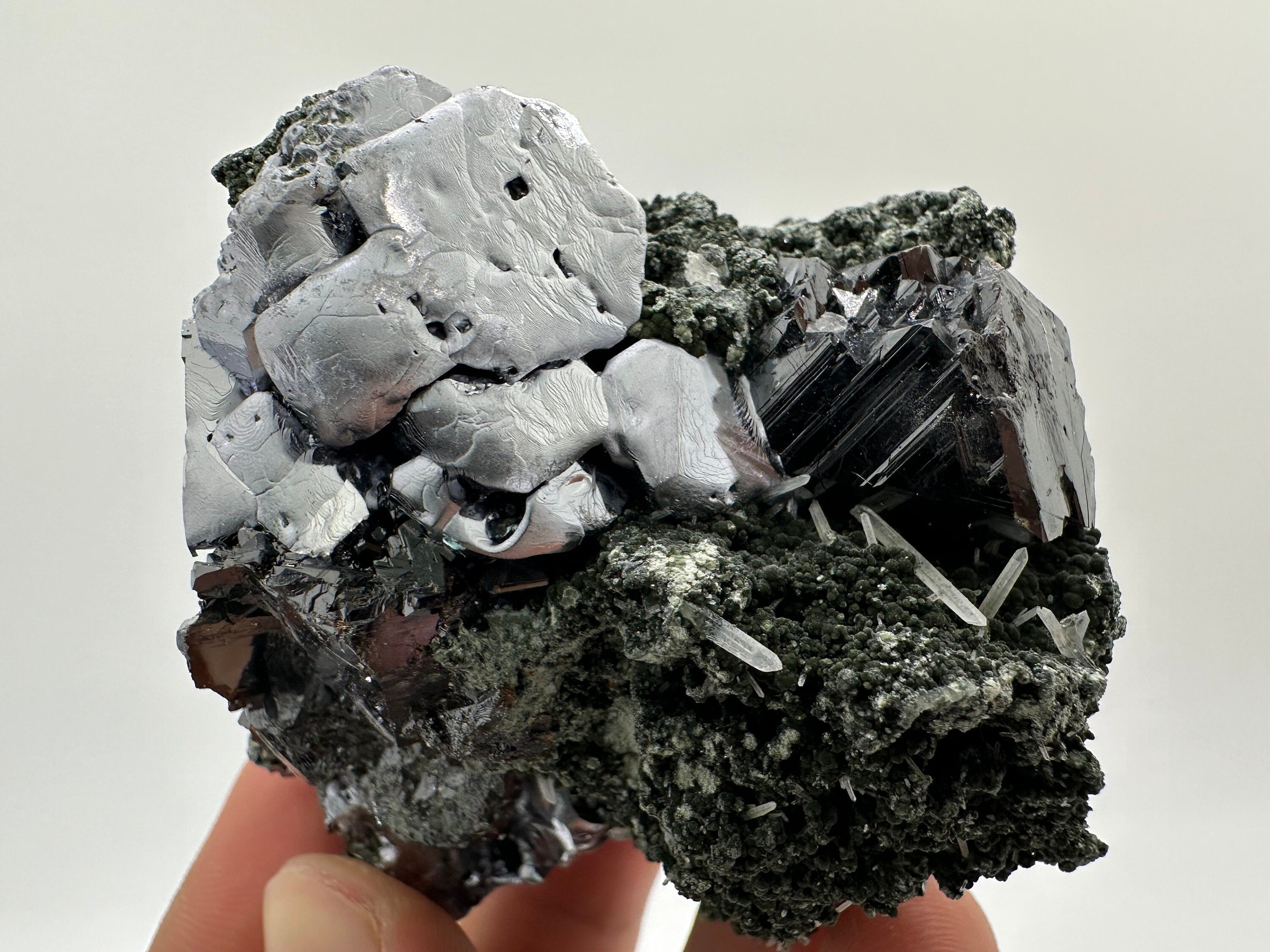 Galena, Calcite, Sphalerite on Quartz with Chlorite: Collection Mineral Decor