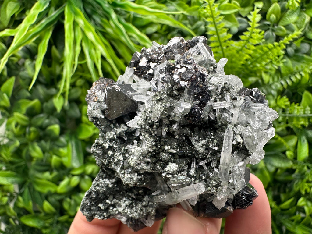 Black Sphalerite with Quartz Cluster, Natural Mineral Specimen