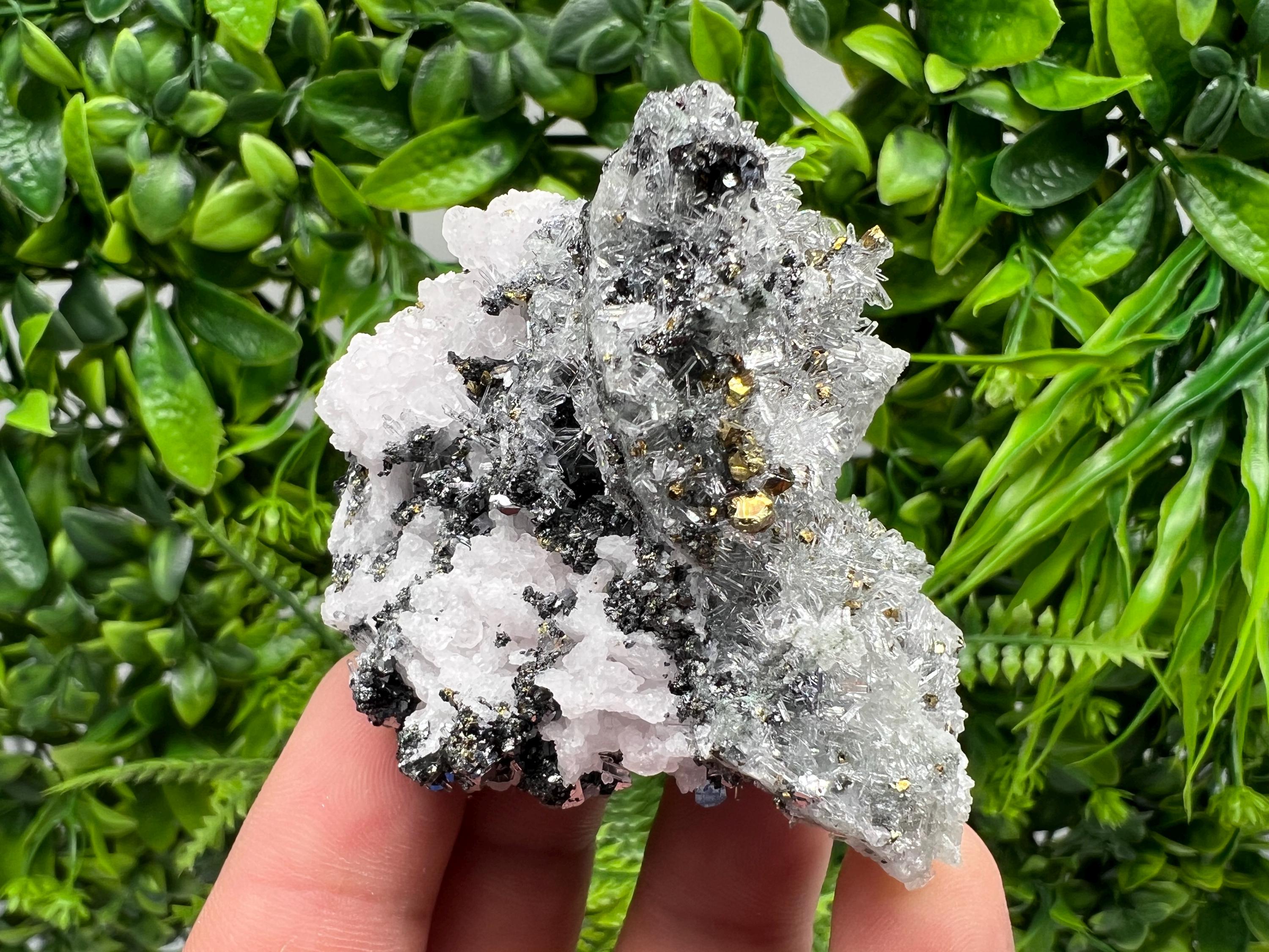 Stunning Cgalcopyrite,Galena,Sphalerite,Calcite,on needle Quartz from Borieva mine,Madan,Bulgaria,natural,collectible mineral specimen,gift