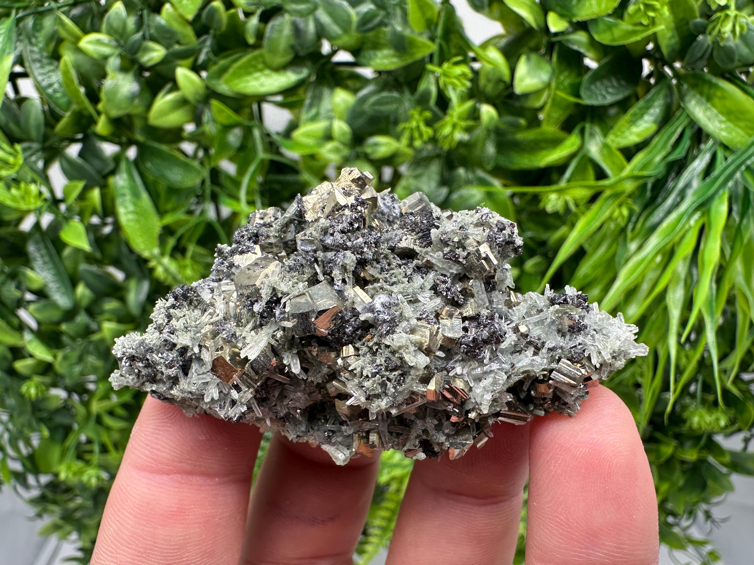 Pyrite on Green Quartz Mineral Specimen, Borieva Mine, Bulgaria