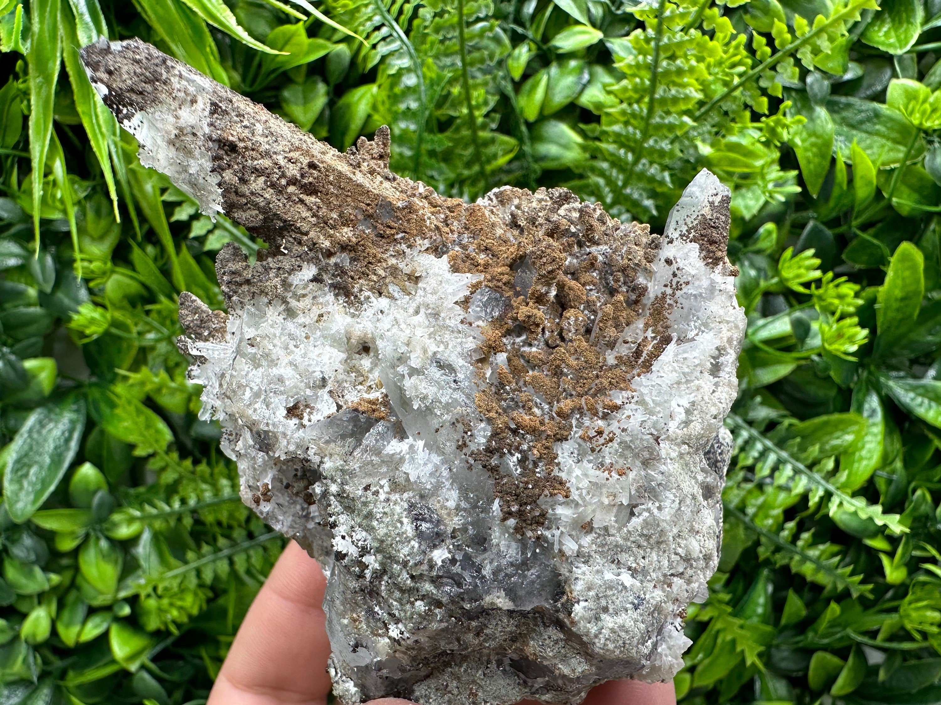 Quartz Crystal Specimen: Smoky, Clear, Chalcopyrite, Siderite, Calcite