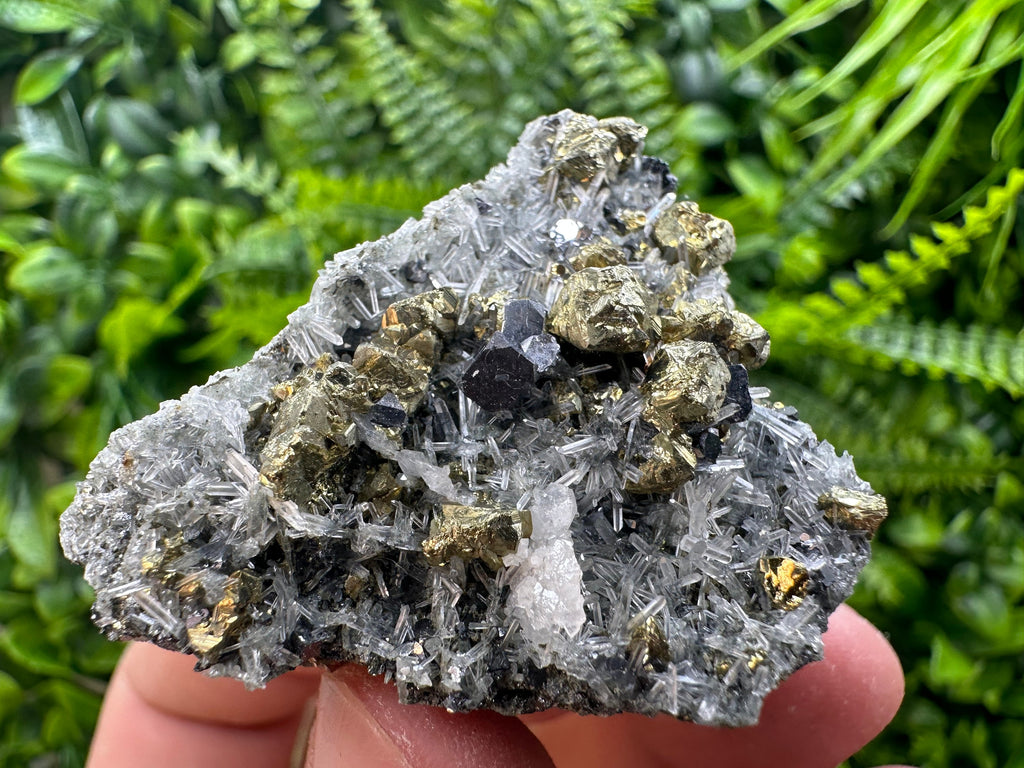 Chalcopyrite, Galena & Calcite on Quartz: Borieva Mine Mineral Specimen