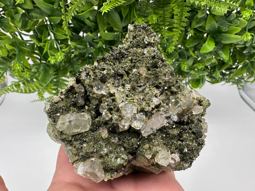 Green Epidote with Quartz Crystals: Sparkly Rainbow Mineral Decor