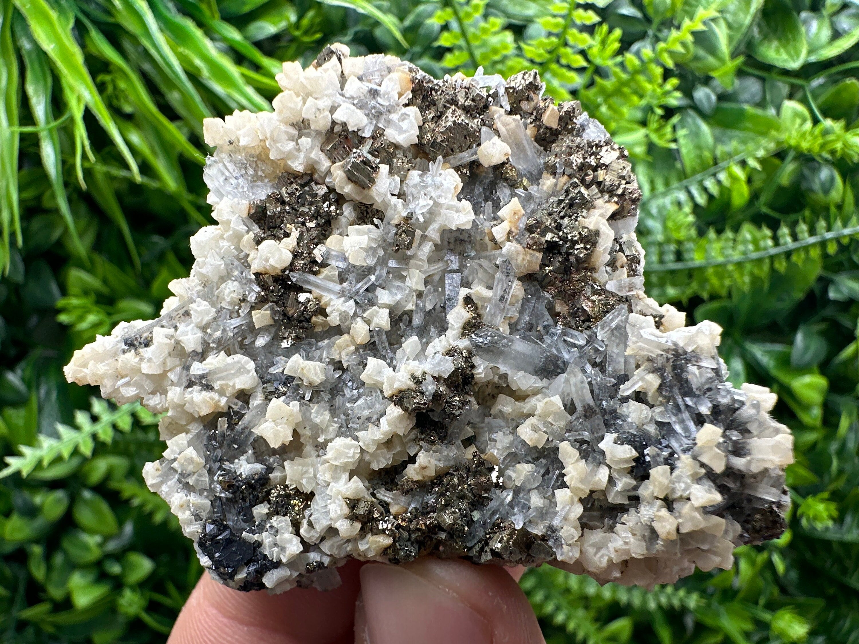 Pyrite, Calcite, Sphalerite on Quartz, Borieva Mine, Bulgaria